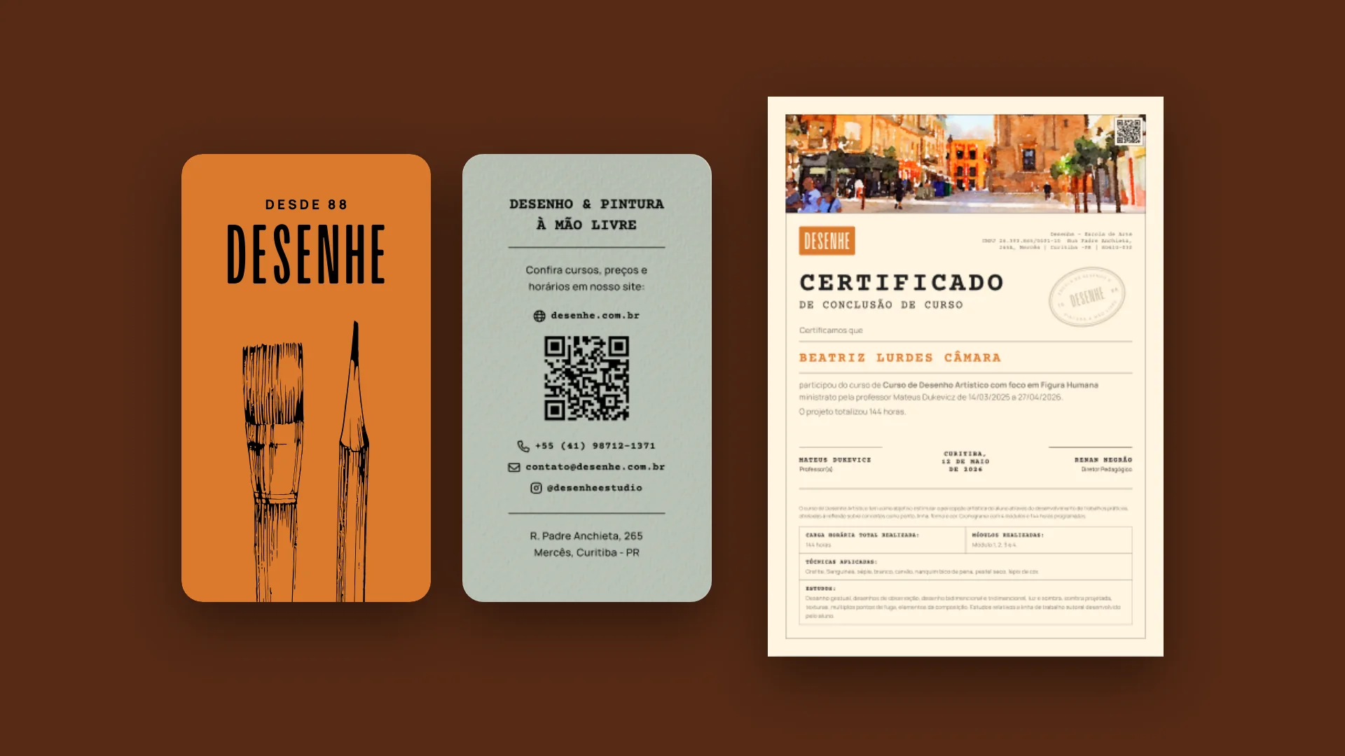 Front and back of the business card, orange and gray-green, next to the cream course completion certificate, on a brown background