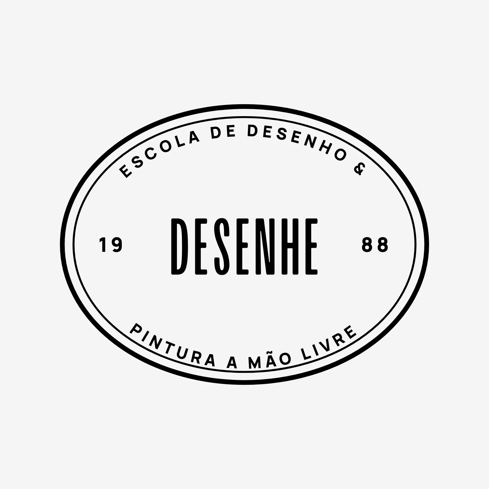 Oval seal in black on light gray, with Drawing and Freehand Painting School around the name DESENHE and the year 1988