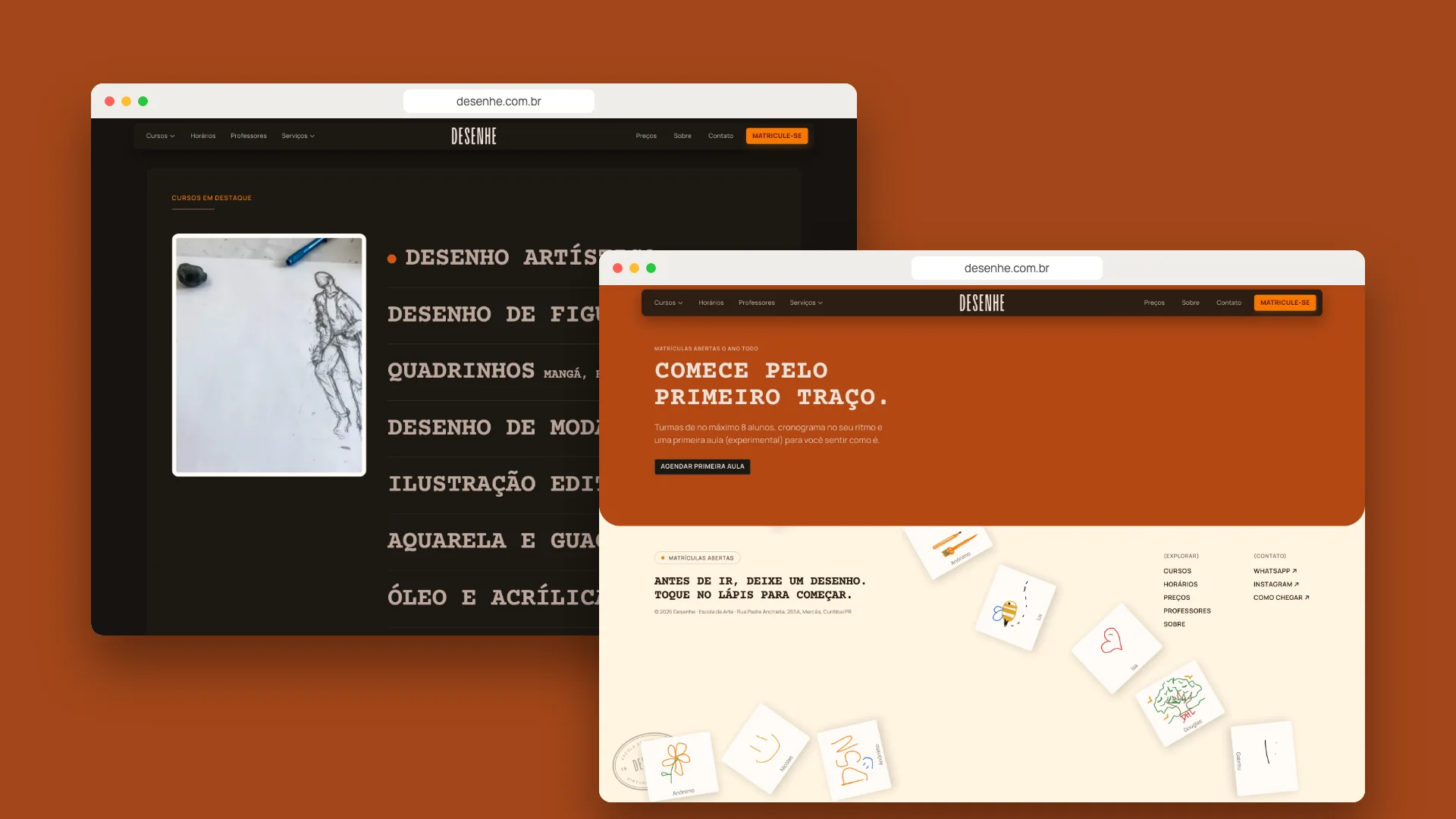 Two overlapping browser windows on a terracotta background: the featured course list and the enrollment call with the drawing footer