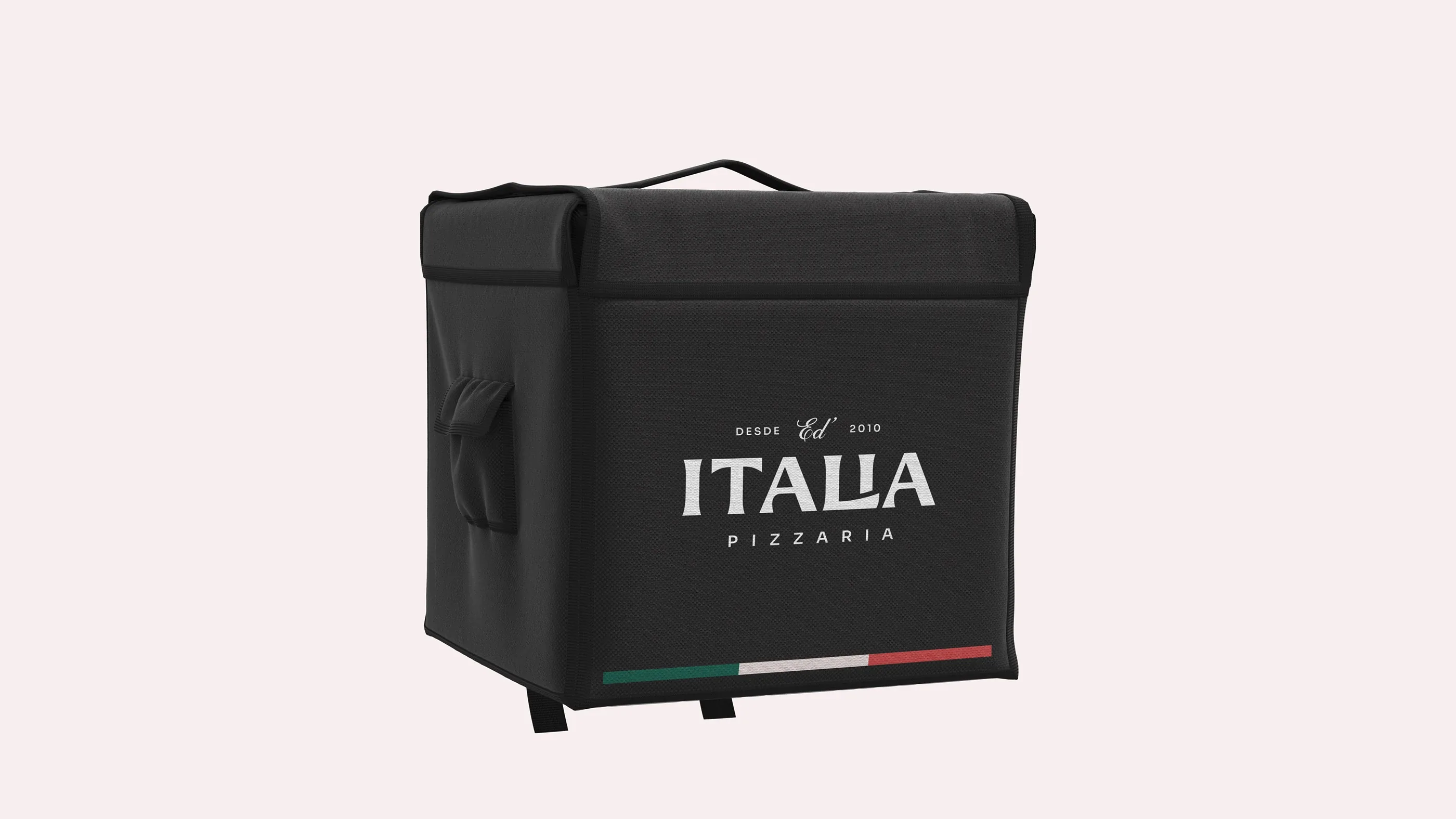 Black insulated delivery bag with the Ed' Italia Pizzeria logo and the green, white and red stripe