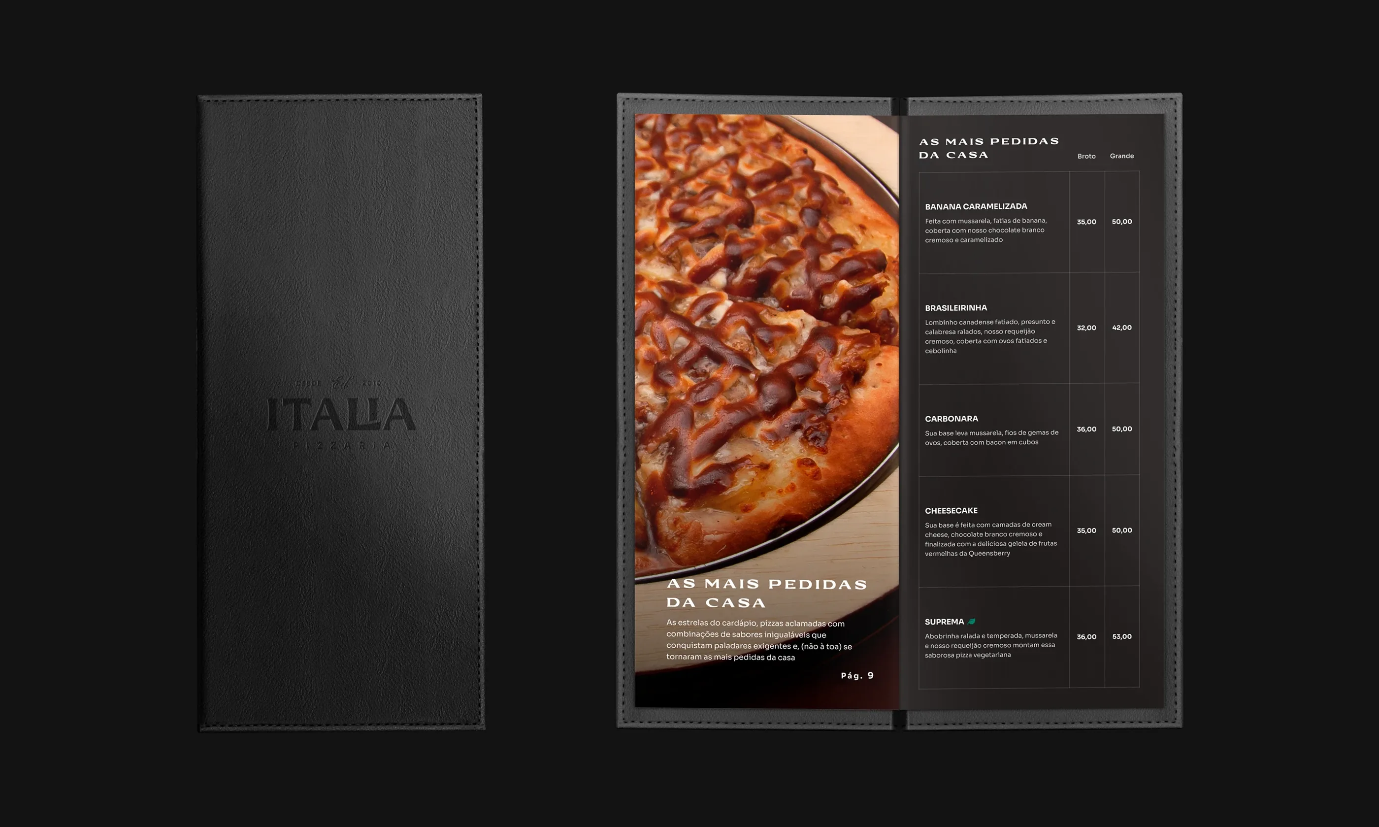 Closed black leather menu and an open page with the house's most ordered pizzas