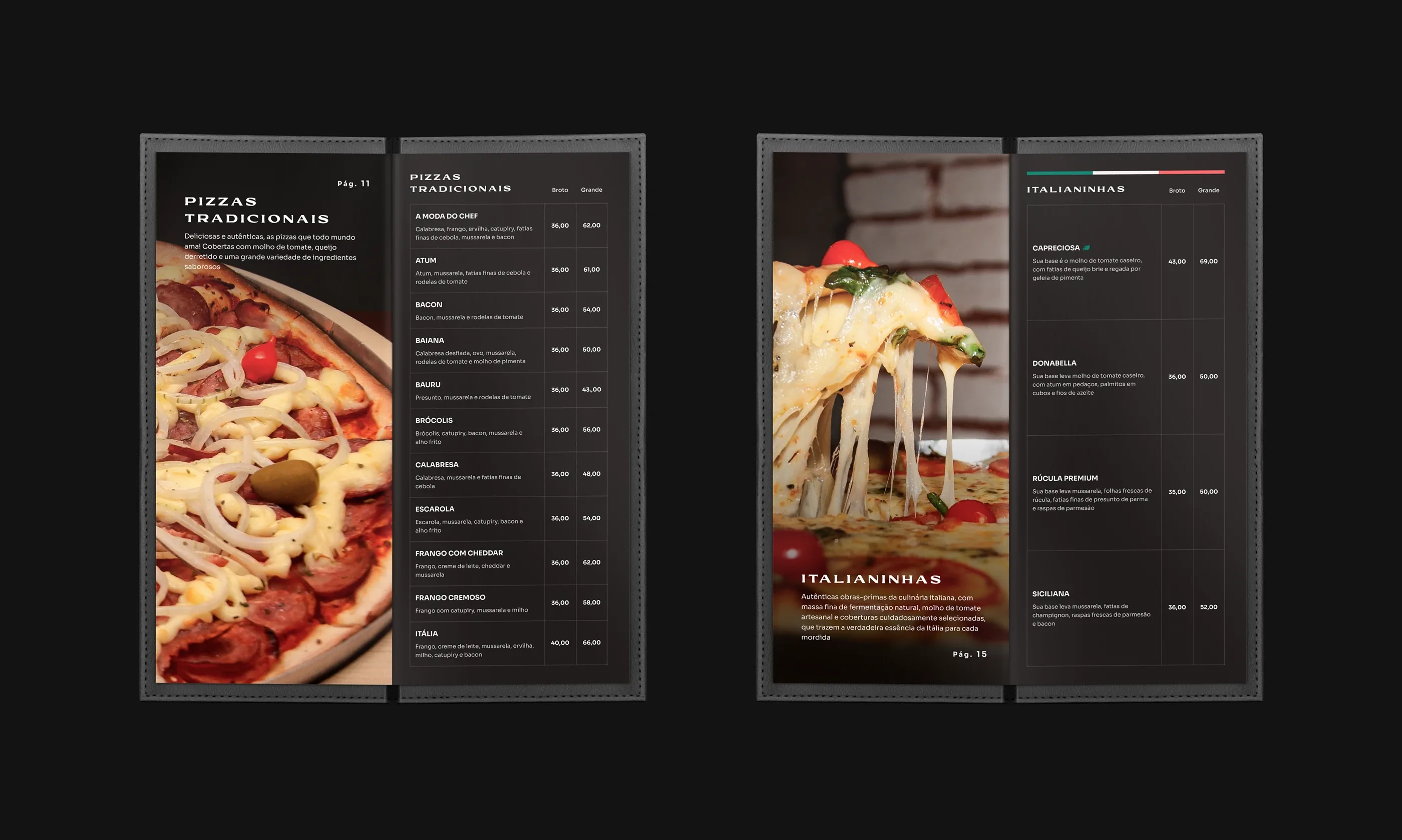 Two menu spreads: traditional pizzas and italianinhas