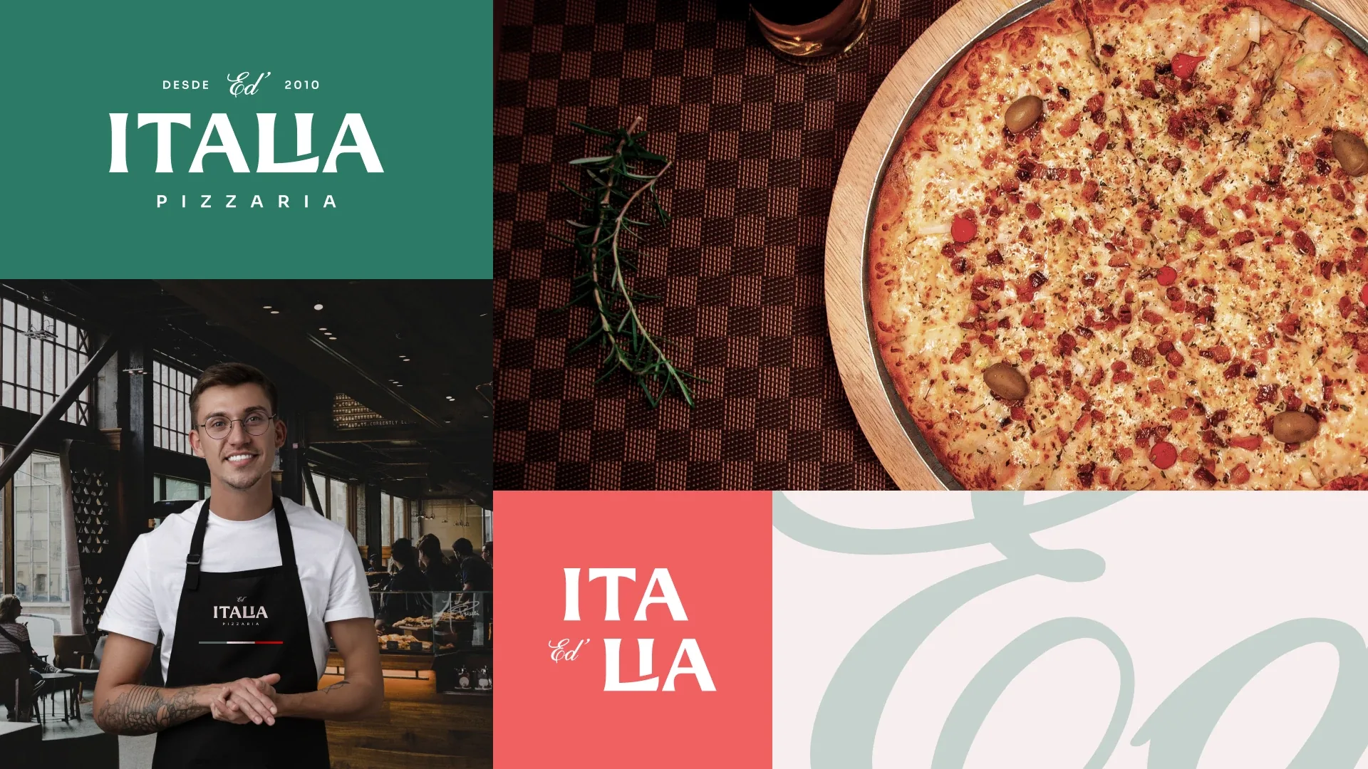 Collage with the logo, a waiter in an apron, a pizza and the red ITA·LIA version