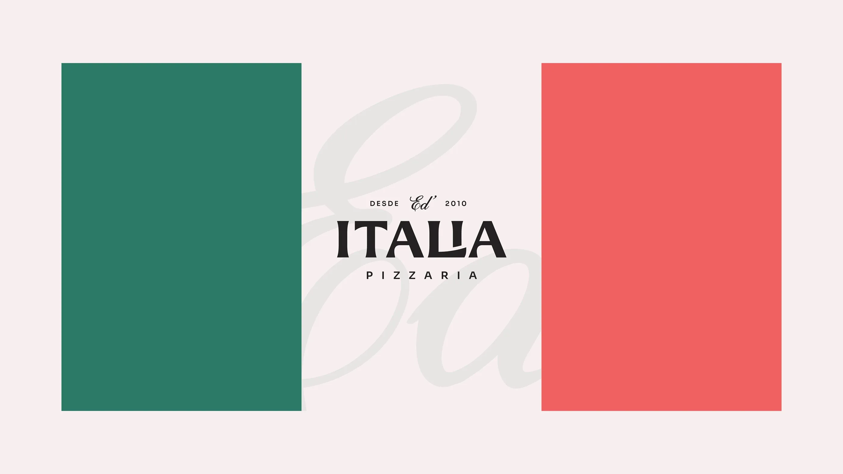 Ed' Italia Pizzeria logo between two panels, green and red, over the Ed monogram