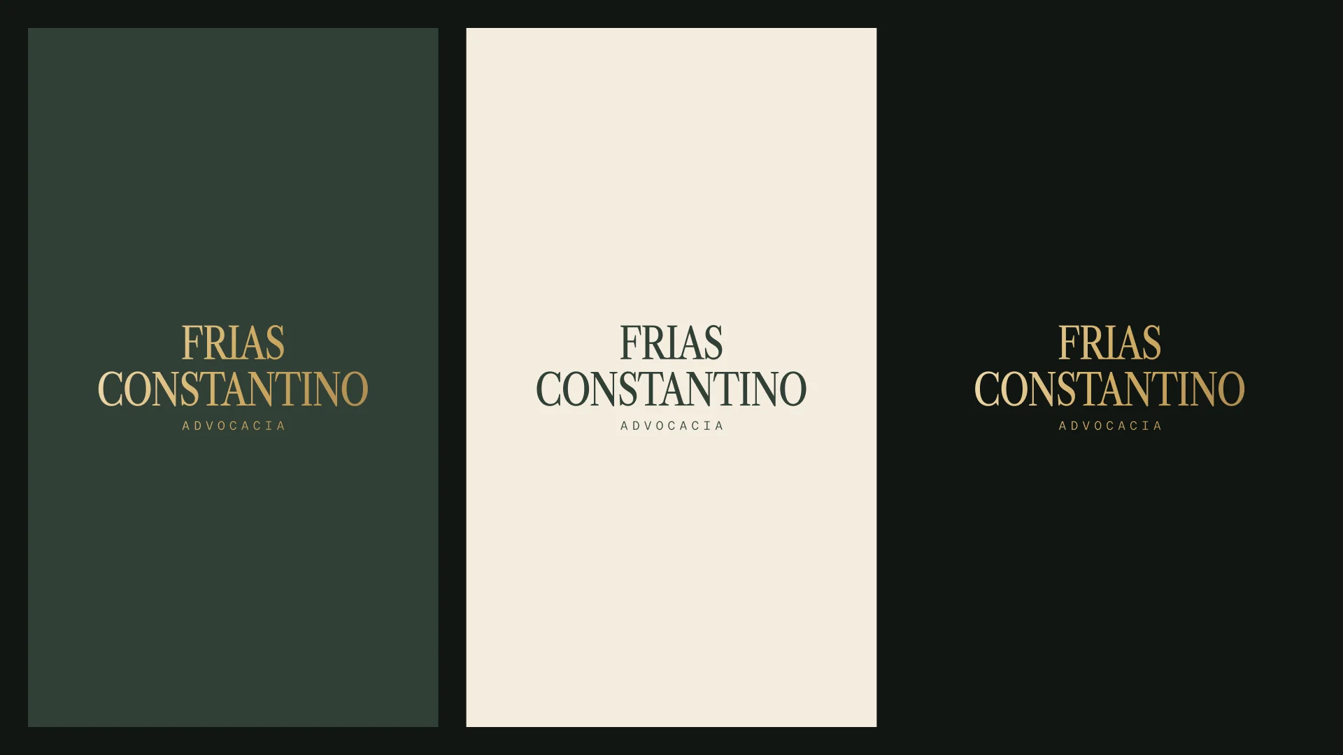 Three logo versions: gold on green, green on sand and gold on black