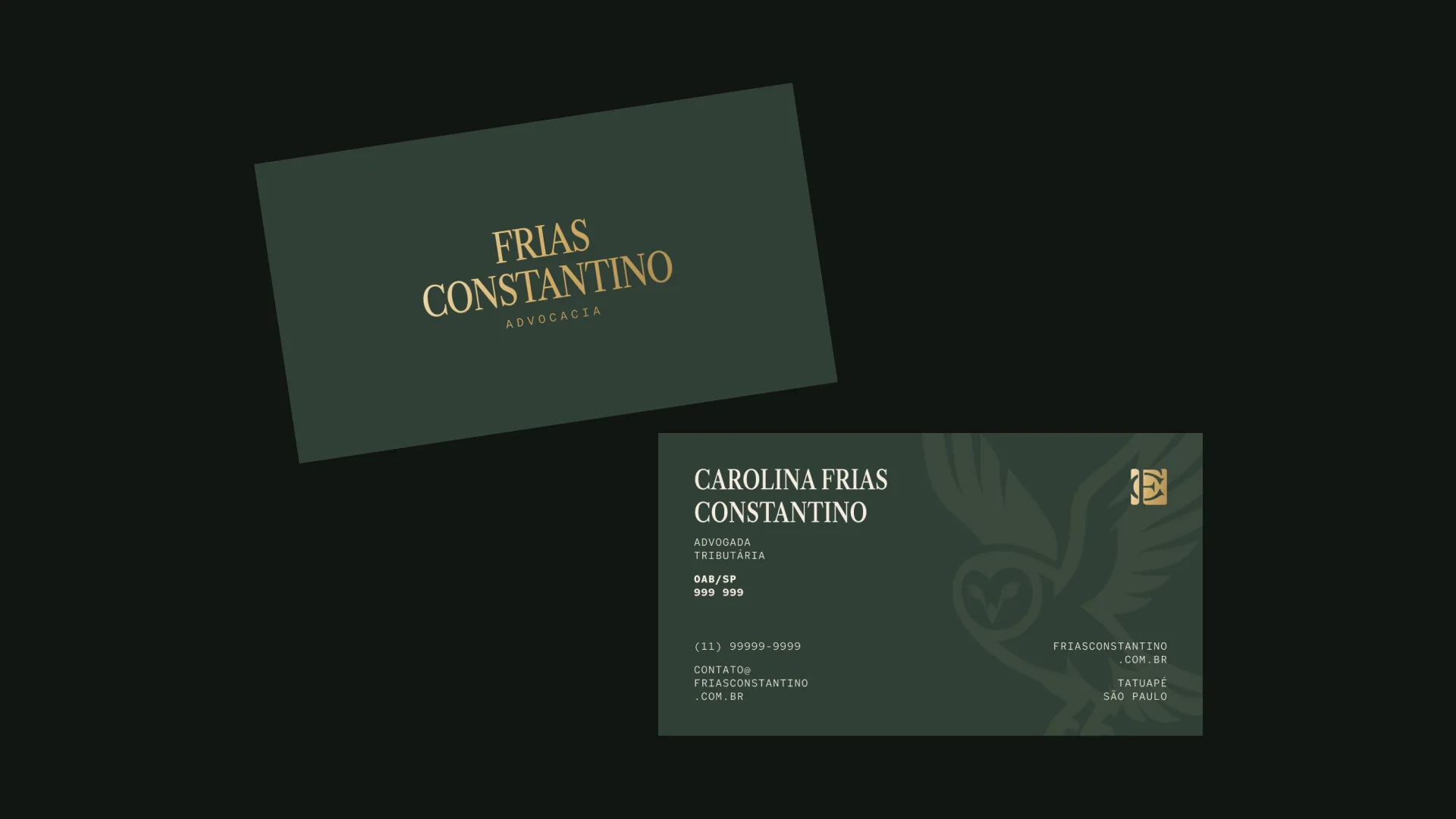 Two green business cards, one with the gold logo and another with contact details and the owl as a watermark