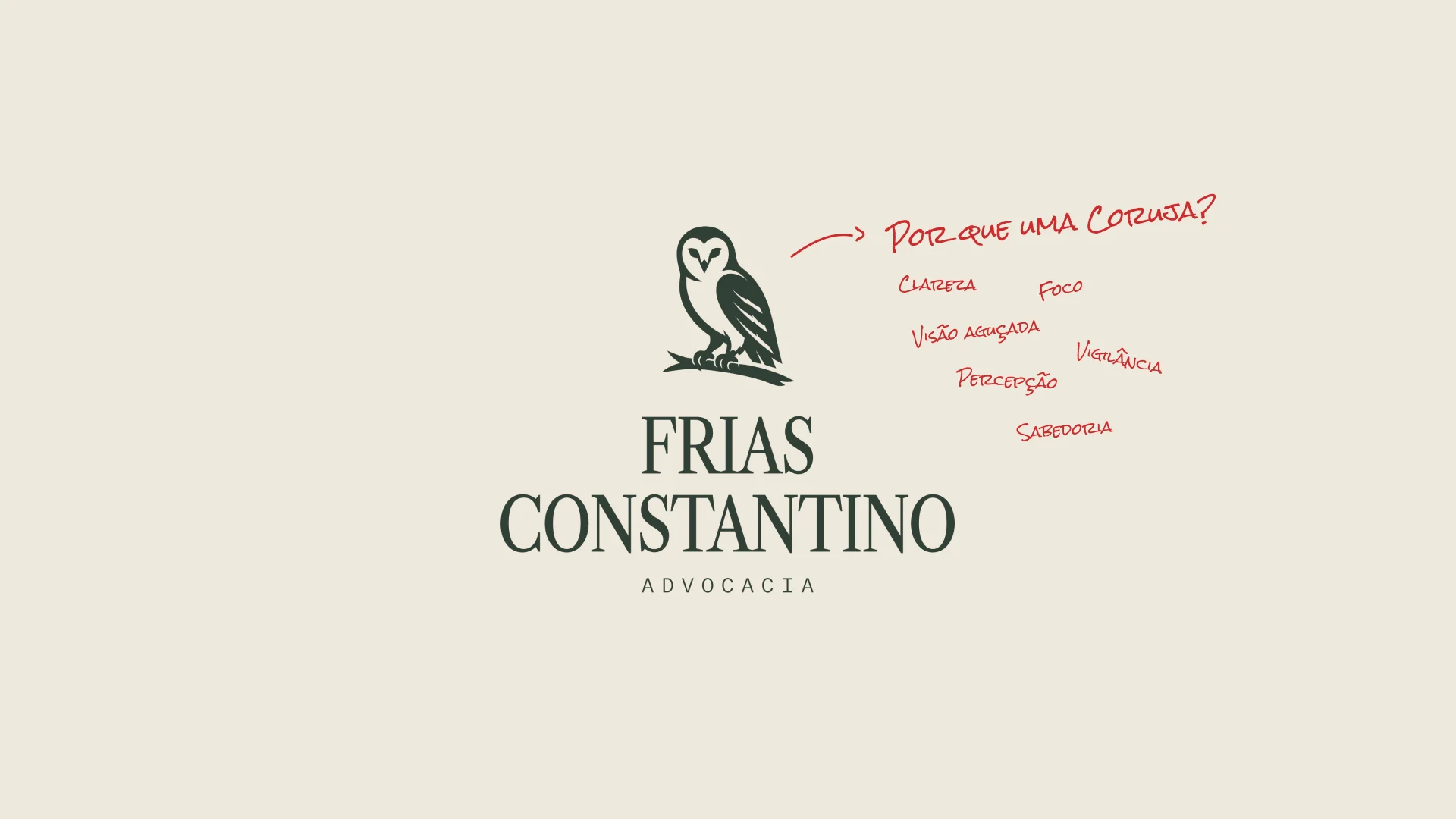 Owl perched above the logo, with red handwritten notes: why an owl? Clarity, focus, keen sight, perception, vigilance and wisdom