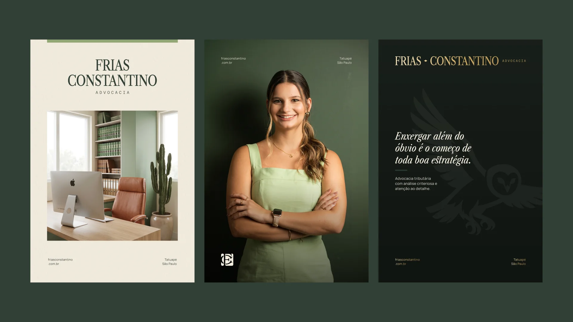 Three printed pieces: a sand page with the logo and an office photo, a portrait of the lawyer on a green background and a dark page with the owl and a line of text