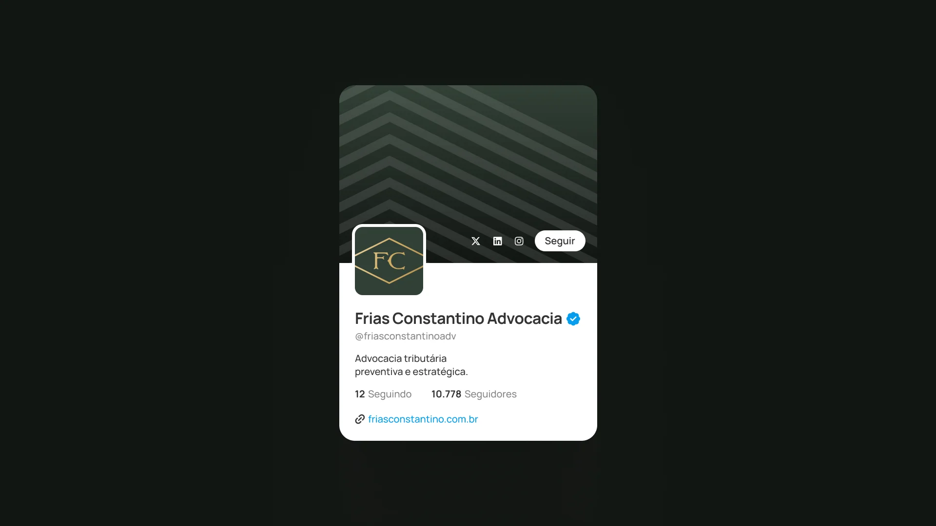 Frias Constantino Advocacia profile in a dark version, with a green striped cover and the FC seal as the picture