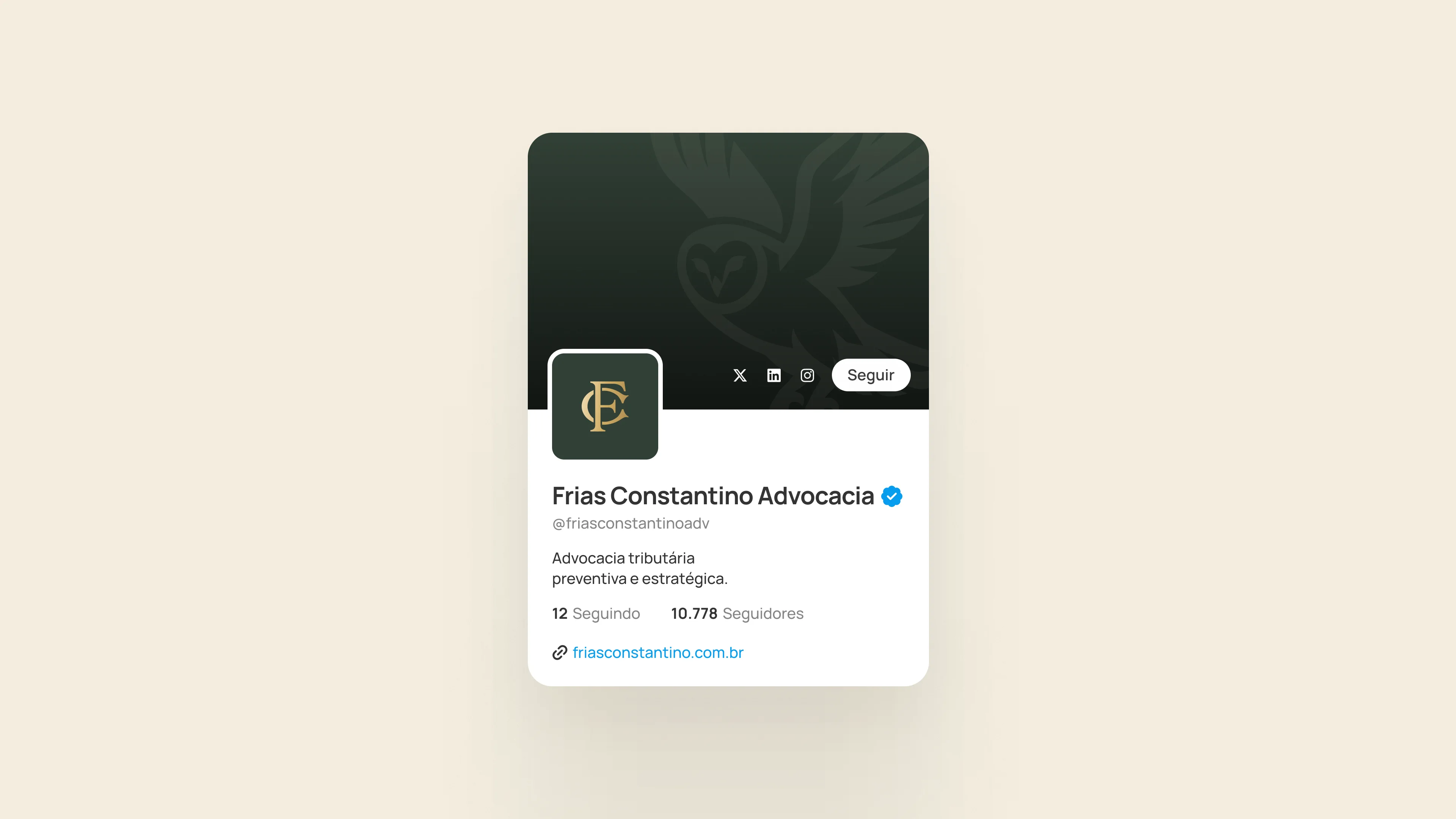Frias Constantino Advocacia profile on a social network, with a green cover, the monogram as the picture and the bio Preventive and strategic tax law