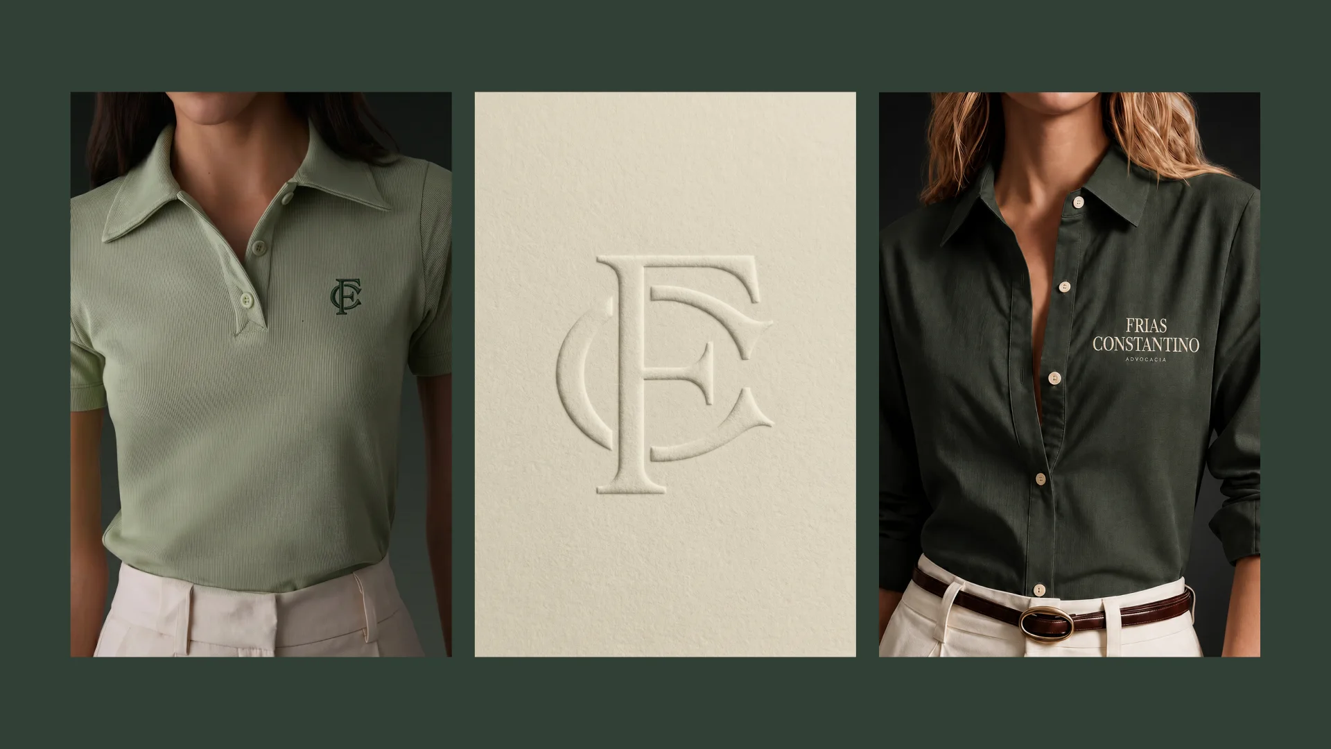 Uniforms: a light-green polo with the embroidered FC monogram, the monogram in blind emboss on sand paper and a dark-green shirt with the logo