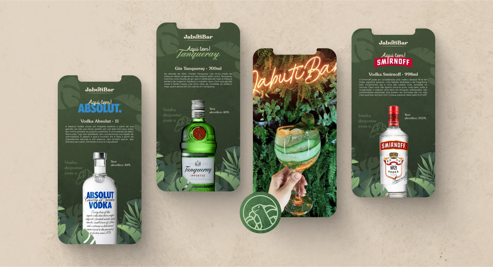 Screens of the JabutiBar digital menu with spirits