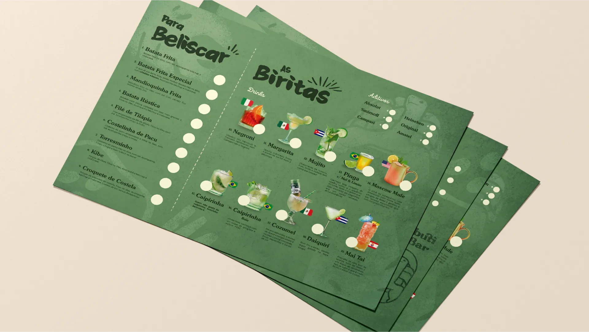 Green printed menu with illustrated drinks and snacks