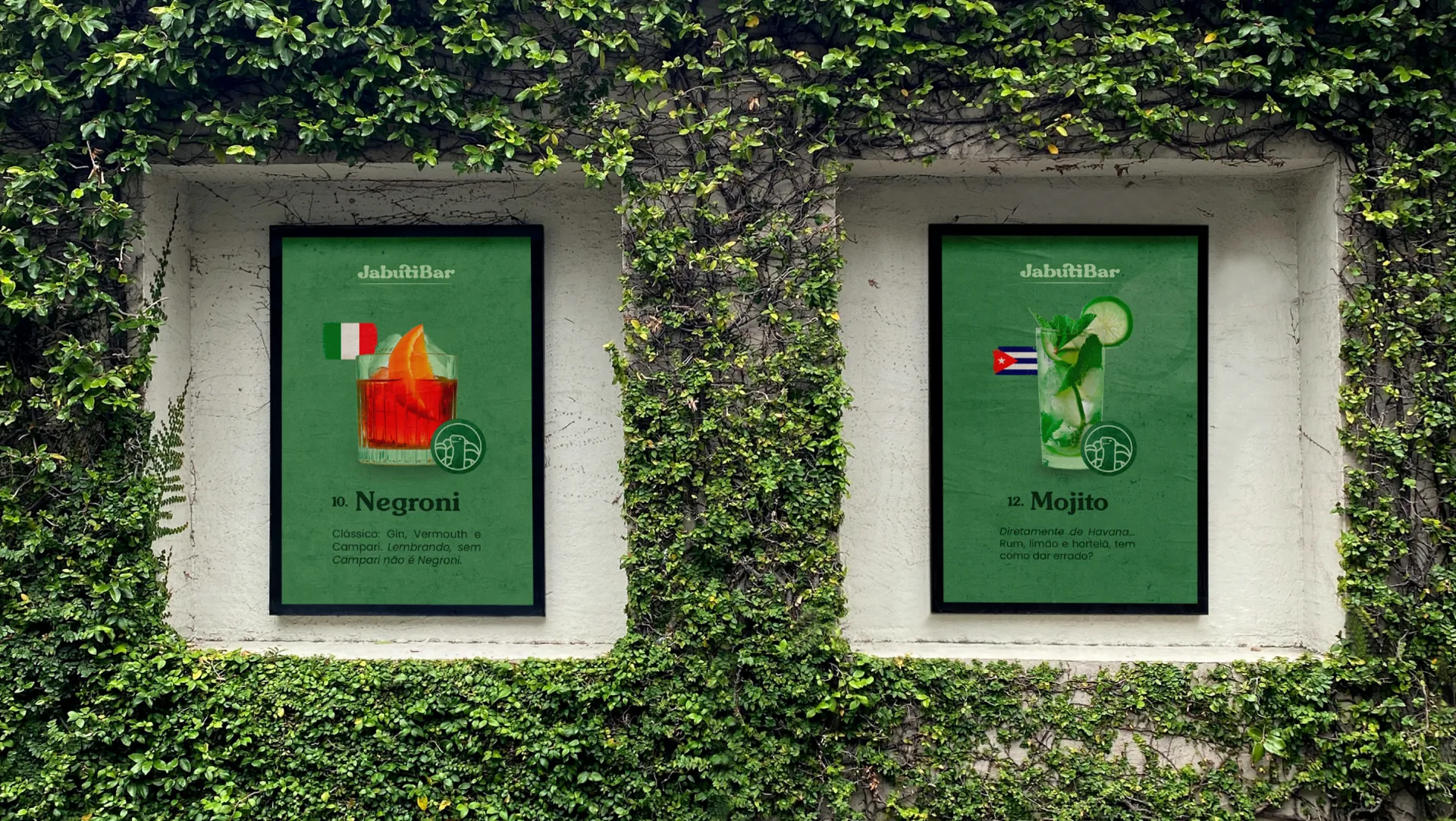 Two drink posters on a wall covered in ivy