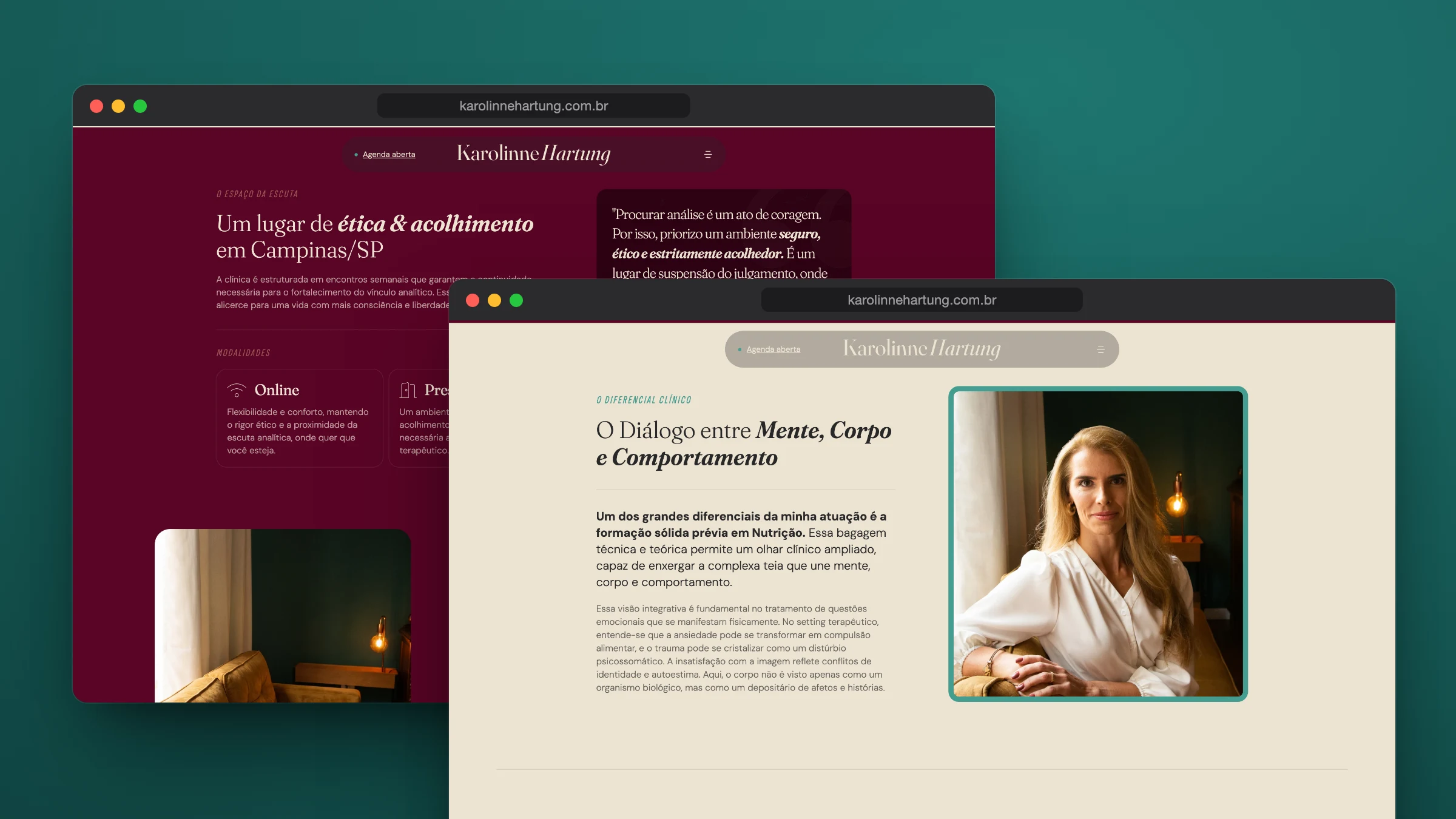 Two sections of the website in overlapping browser windows on a deep moss green background: the consulting space in bordeaux and the clinical differential in sand