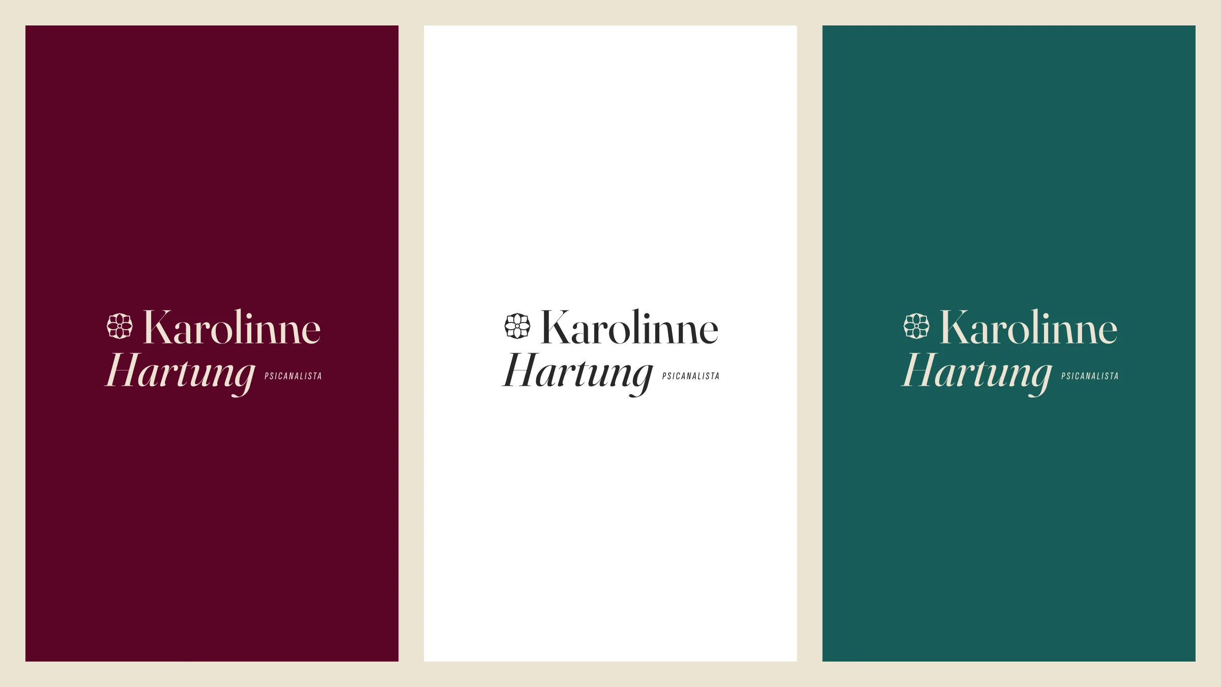 Three vertical logotype versions: cream on bordeaux, bordeaux on white and cream on deep moss green