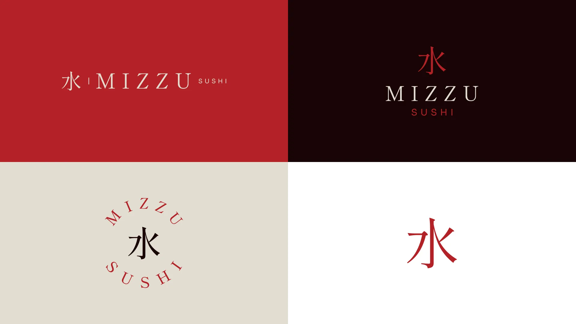 Four versions of the Mizzu Sushi logo in red, black, cream and white