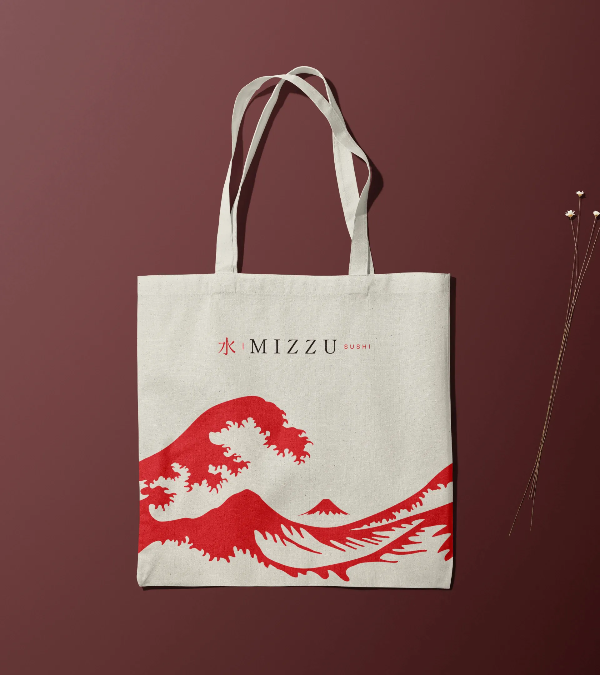 Cotton tote bag with the Great Wave in red