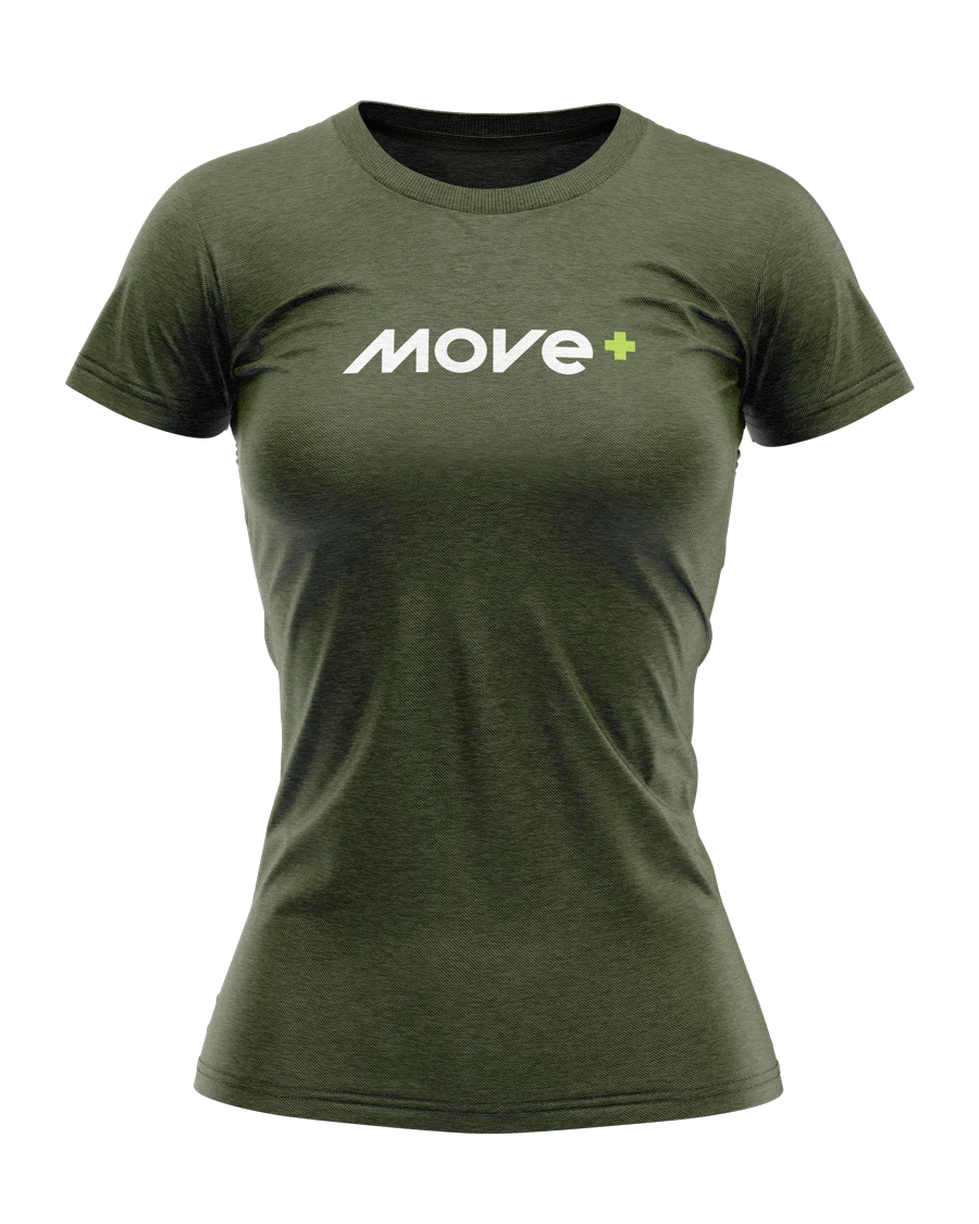 Olive-green T-shirt with the Move+ logo on the chest