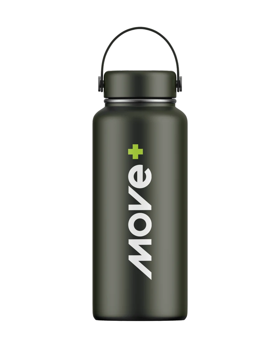 Dark green thermal bottle with the Move+ logo placed vertically