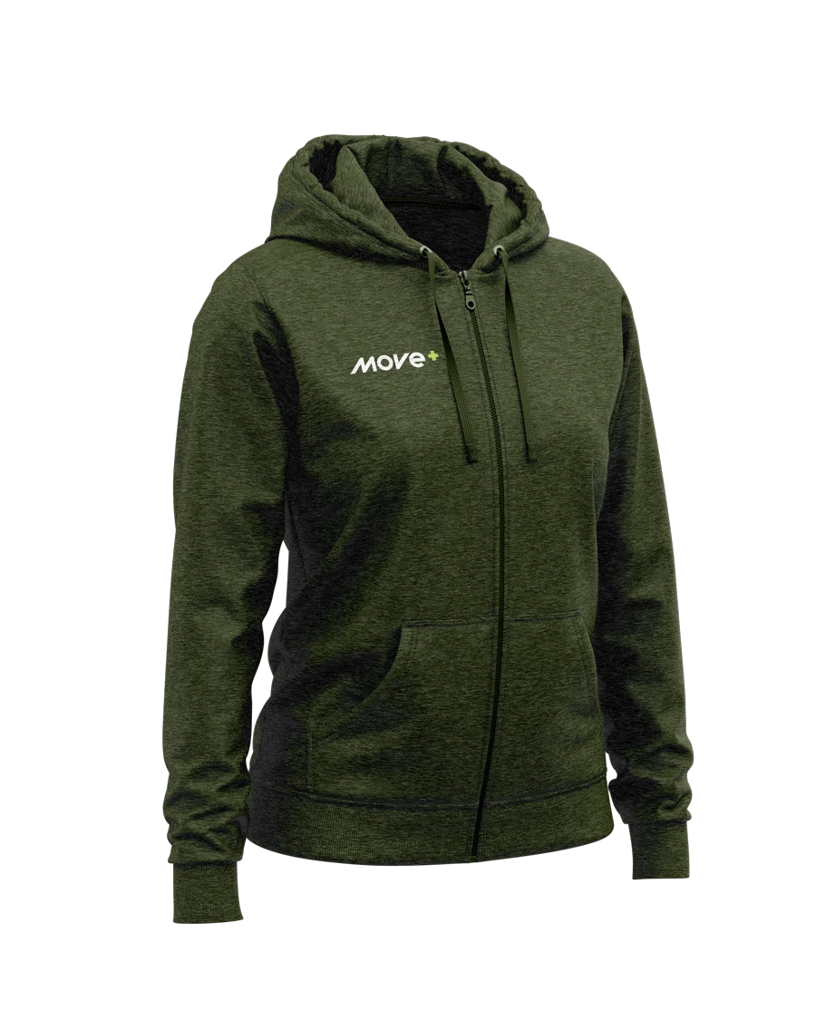 Olive-green zip hoodie with the Move+ logo on the chest