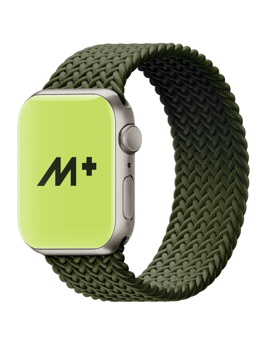 Watch with a braided olive-green strap and the M+ icon on a lime-green screen