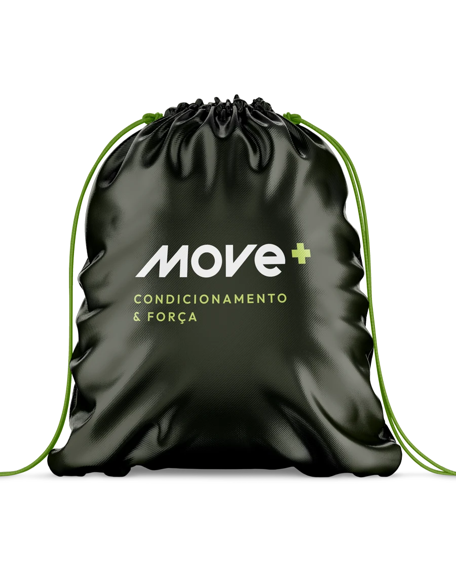 Black sports drawstring bag with the Move+ logo and lime-green cords