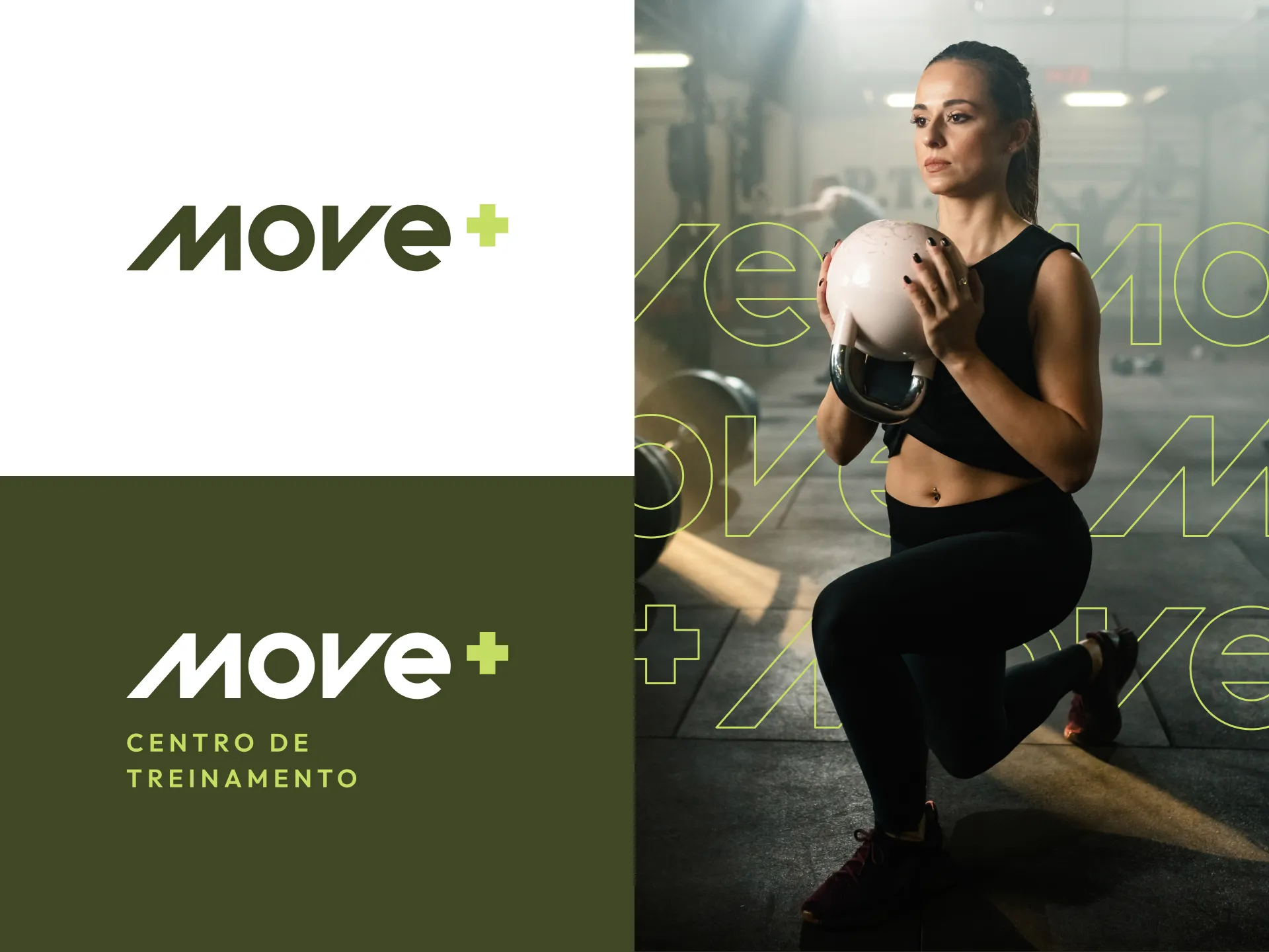 Move+ logo in light and dark versions next to an athlete with a kettlebell, with the name outlined and repeated over the photo