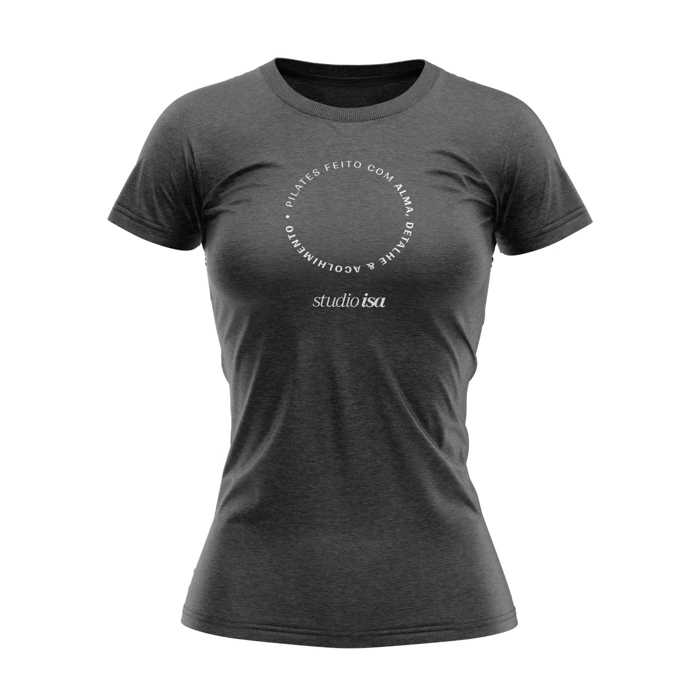 Charcoal T-shirt with the circular seal and the studio isa logotype on the chest