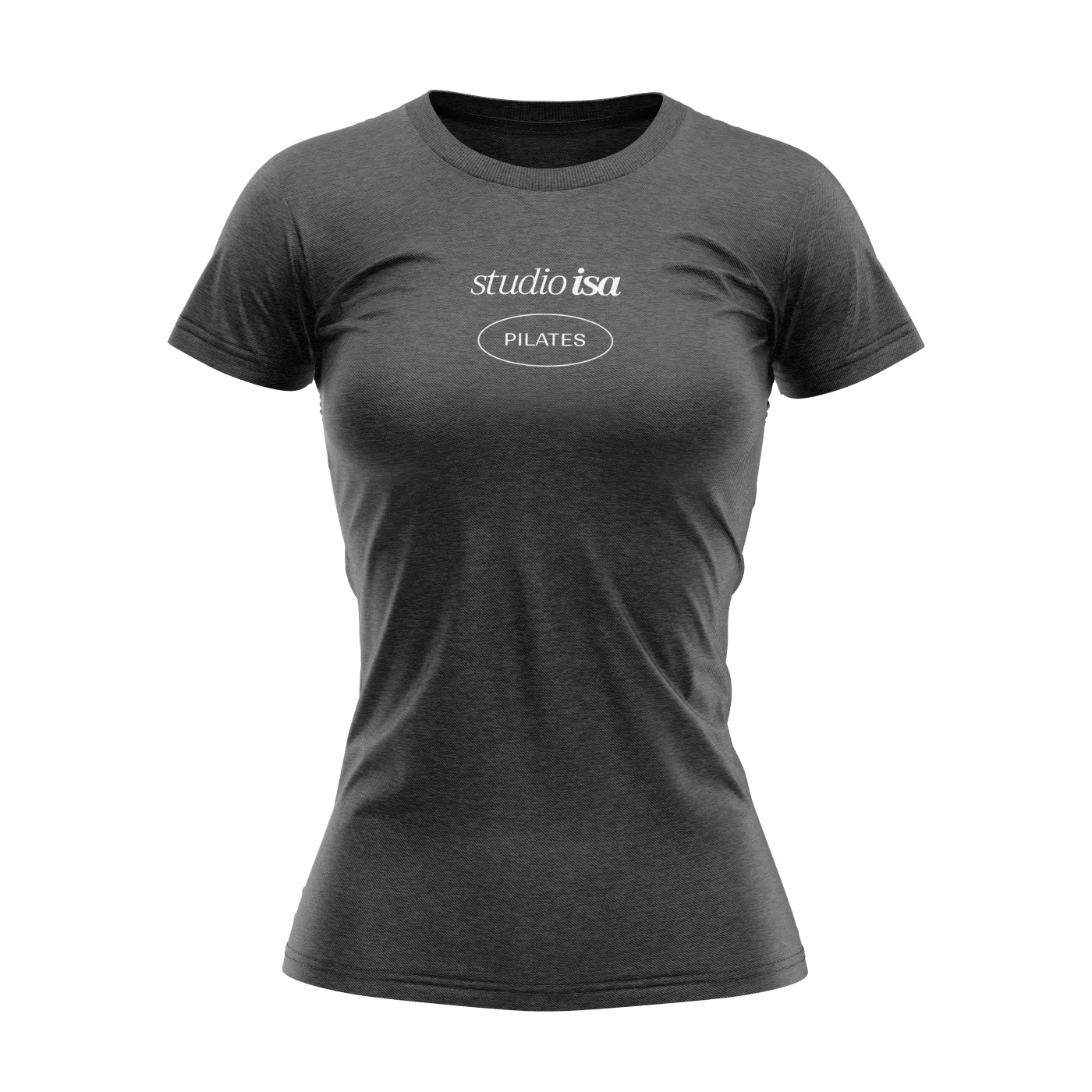 Charcoal T-shirt with the studio isa logotype and the pilates label