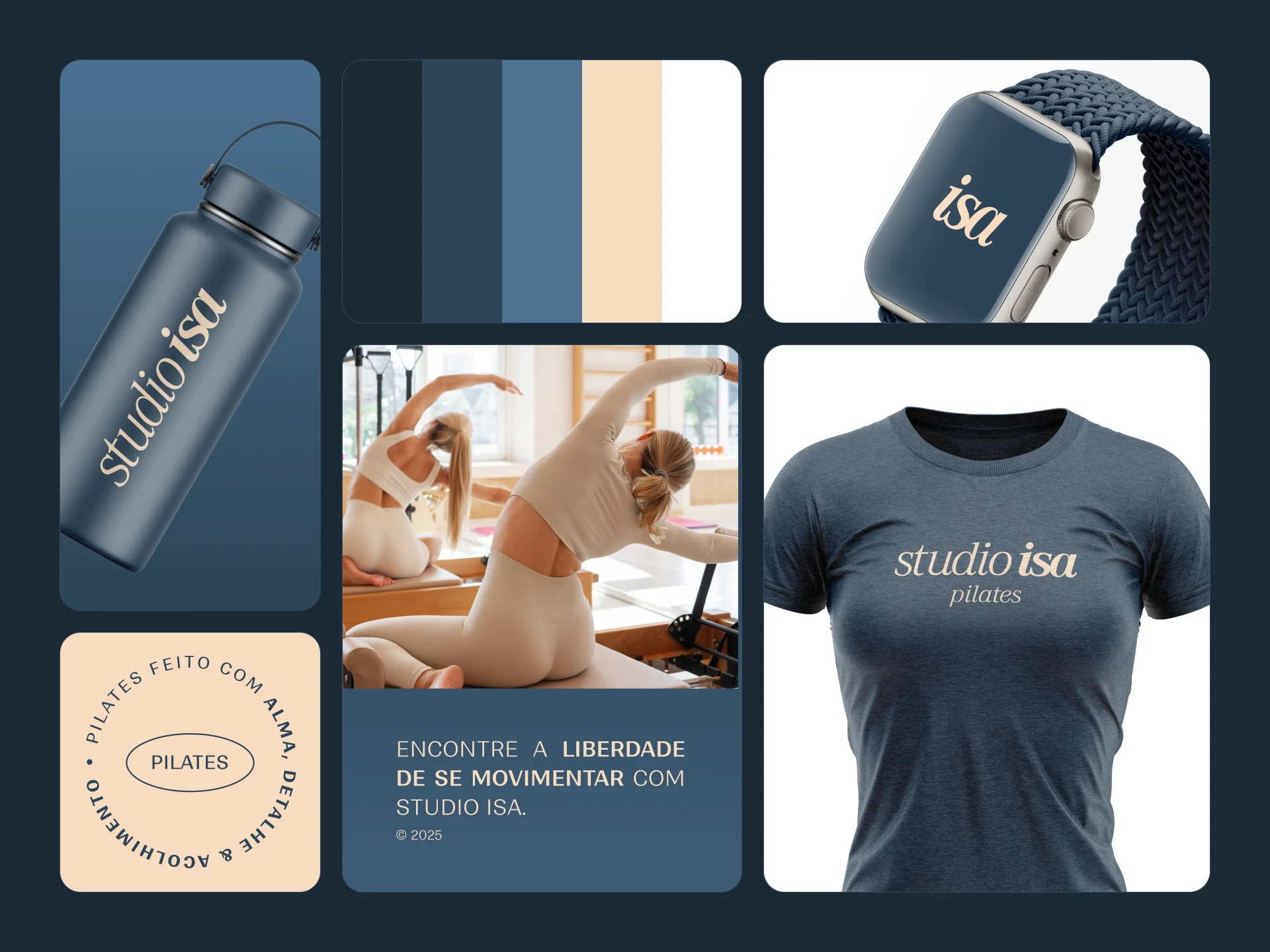 Composition with the bottle, the watch and the T-shirt with the brand, the color palette, a pilates class with the line Encontre a liberdade de se movimentar com studio isa and the circular seal