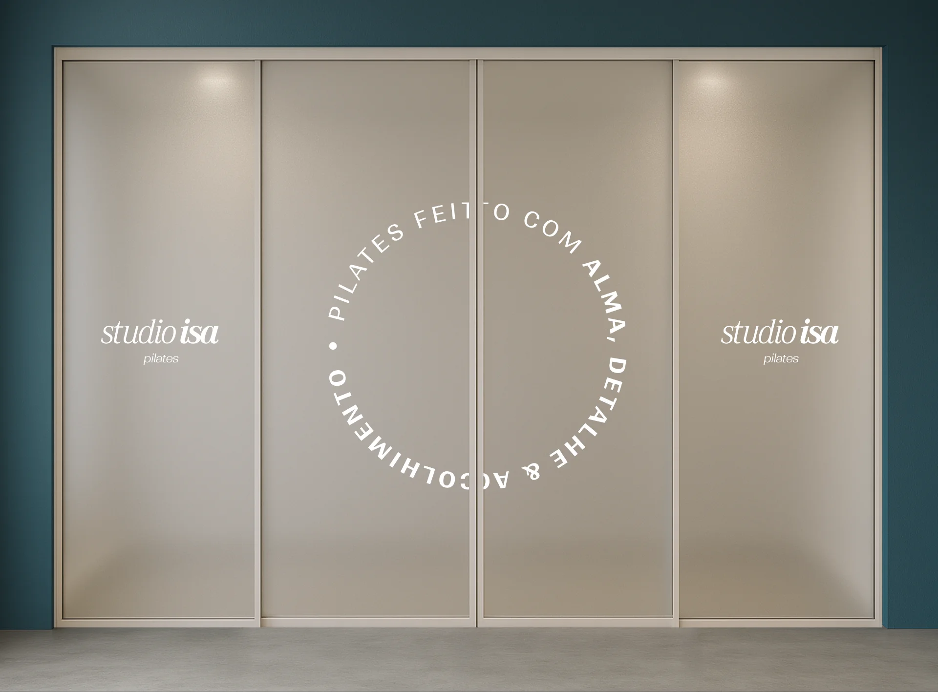 Studio window with frosted decals: the circular seal with the brand line, the logotype on the sides and, in the variations, the contact and Instagram
