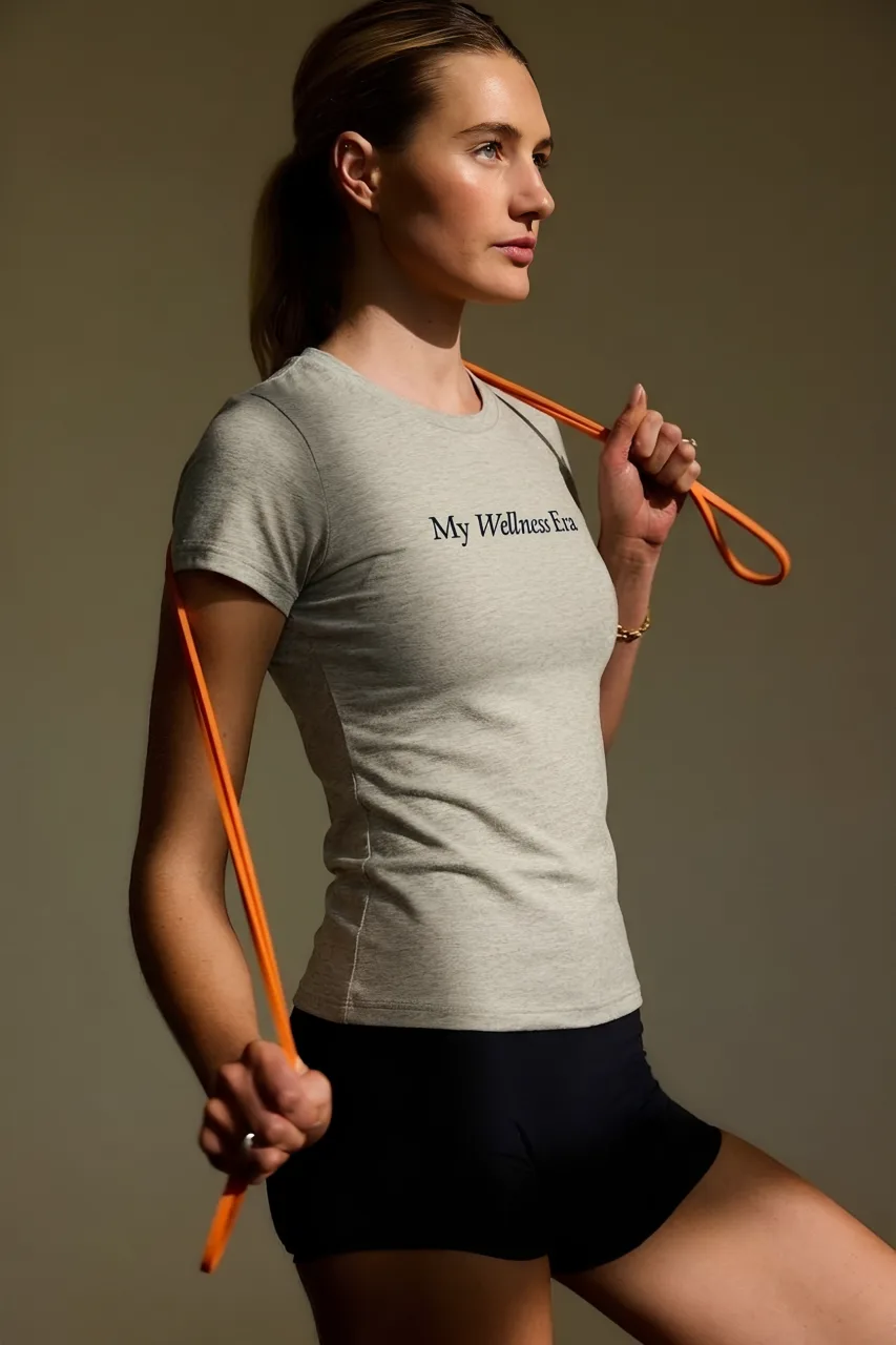 Woman in profile with an orange band around the neck, wearing a beige T-shirt with the line My Wellness Era
