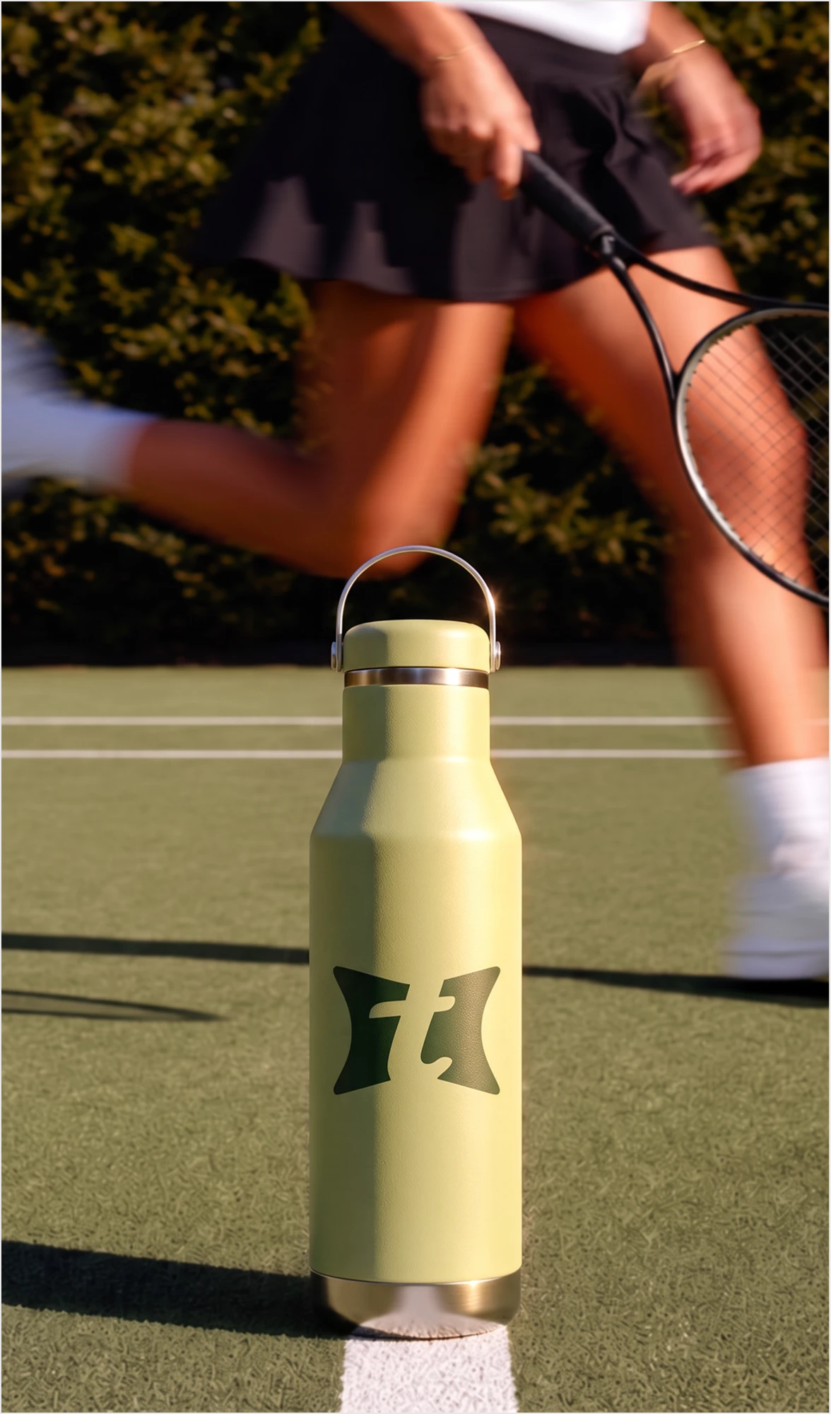 Green bottle with the brand icon on a tennis court, with a player in motion behind it