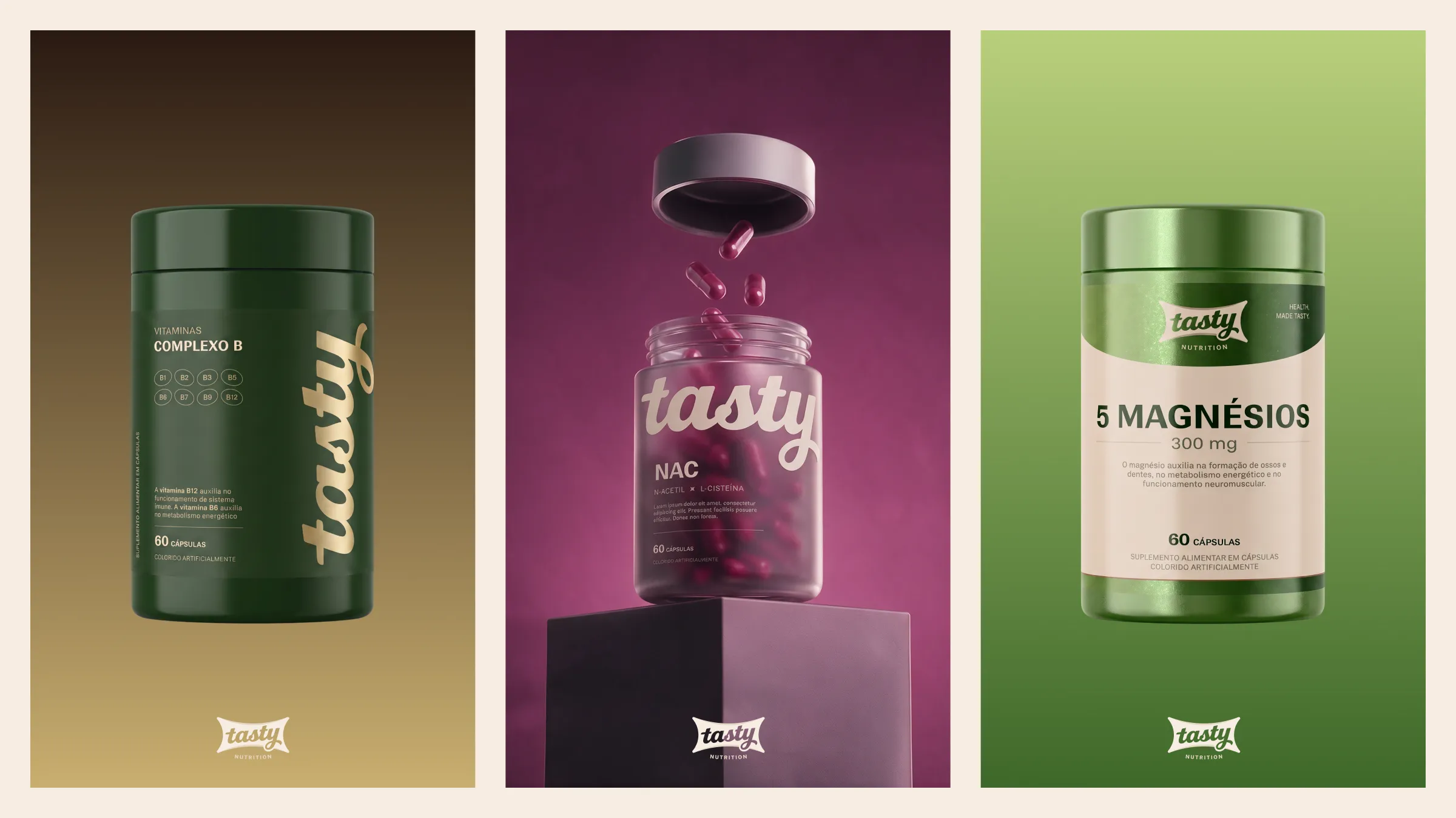 Three Tasty capsule bottles in dark green, plum and light green