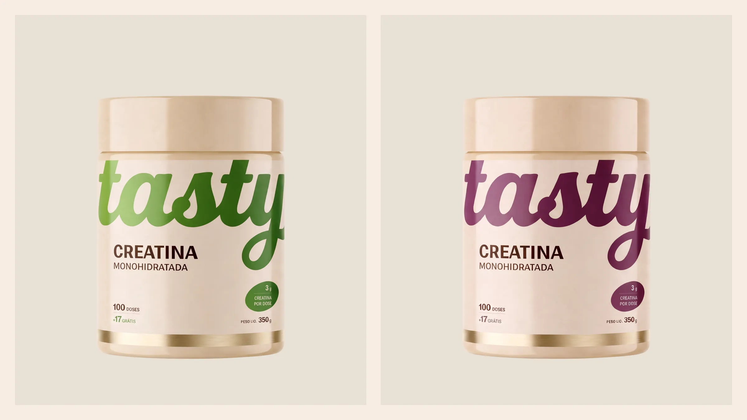 Two Tasty creatine tubs, one with green lettering and one in plum