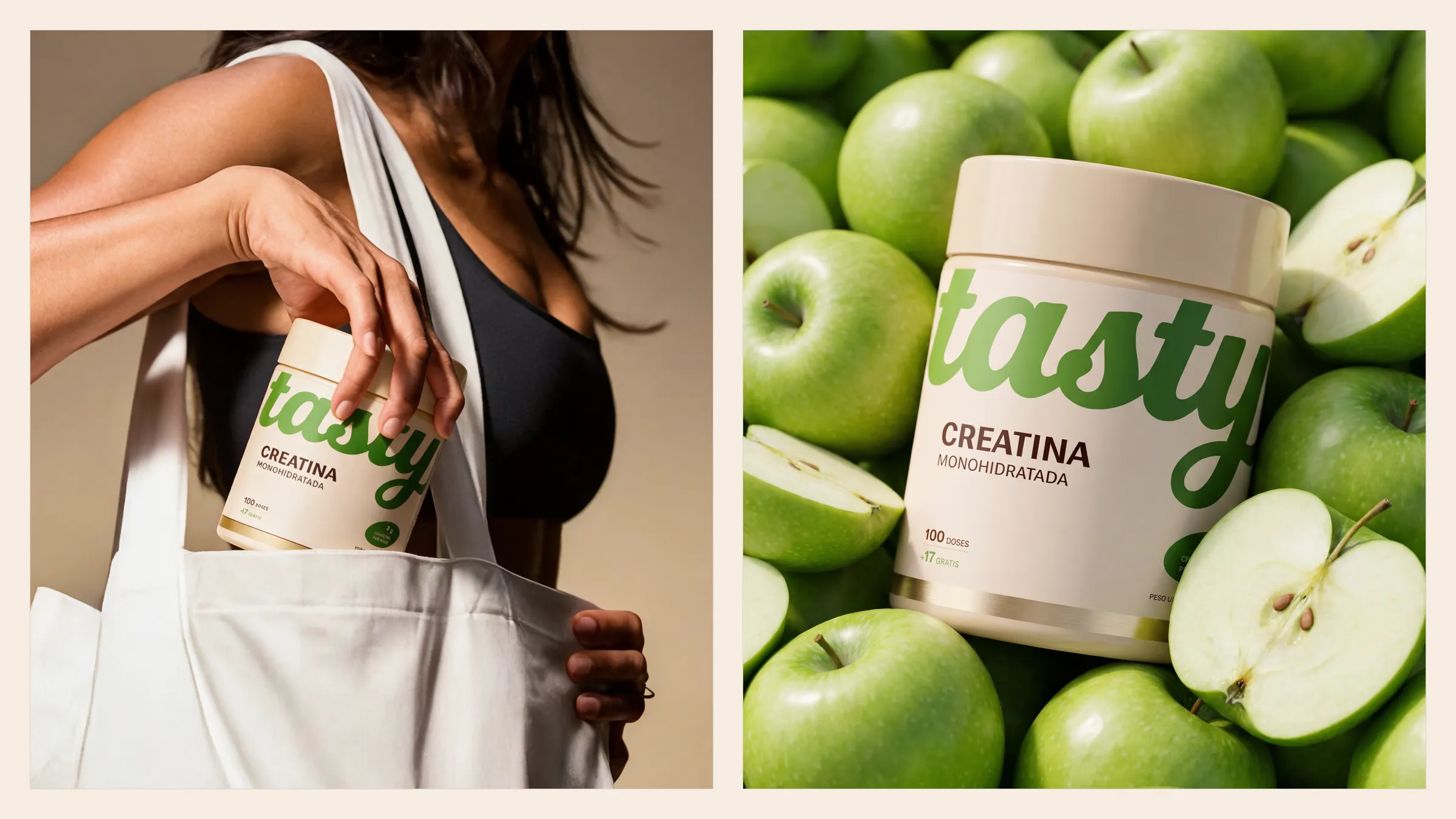 Someone taking a Tasty tub out of a tote bag and the same tub among green apples