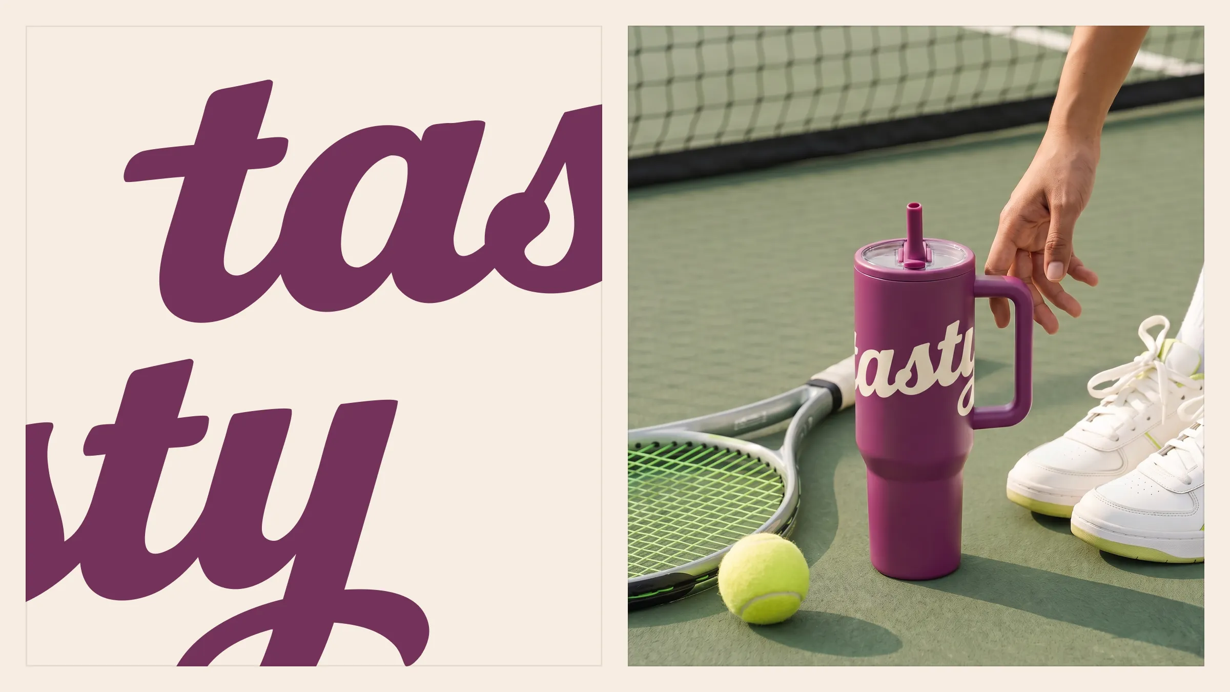 Plum Tasty lettering cut off at the edges, next to a photo with a plum bottle and a tennis ball