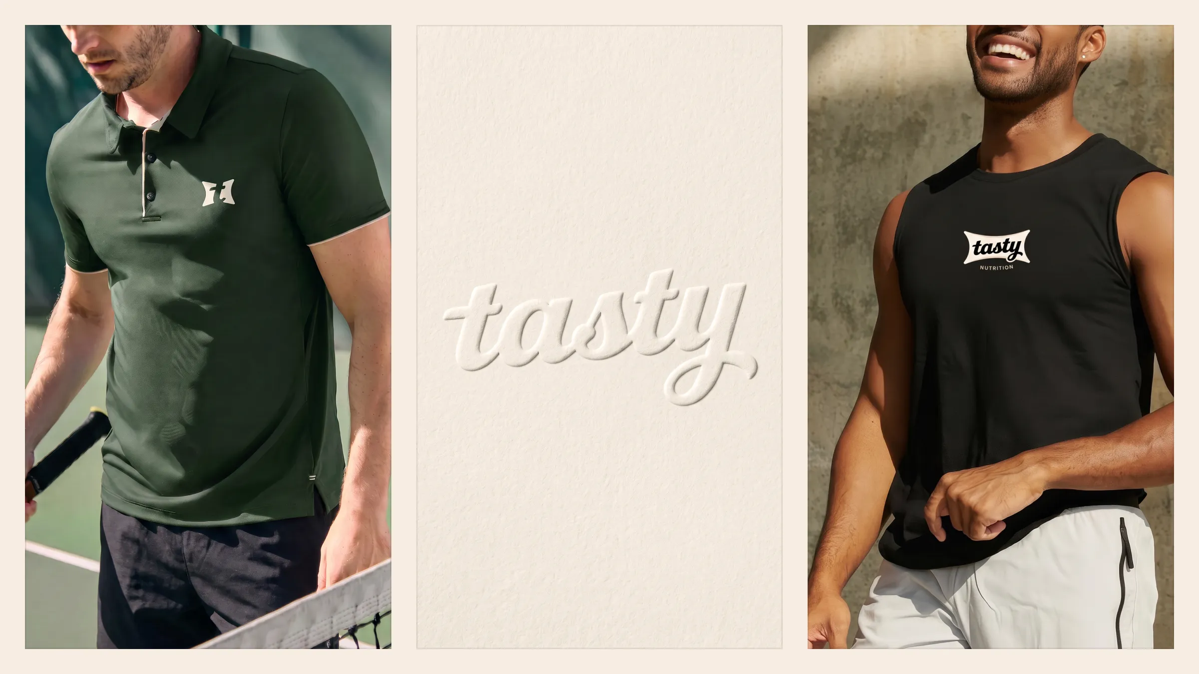 Green polo shirt and black tank top with the Tasty logo, next to the embossed lettering on vanilla