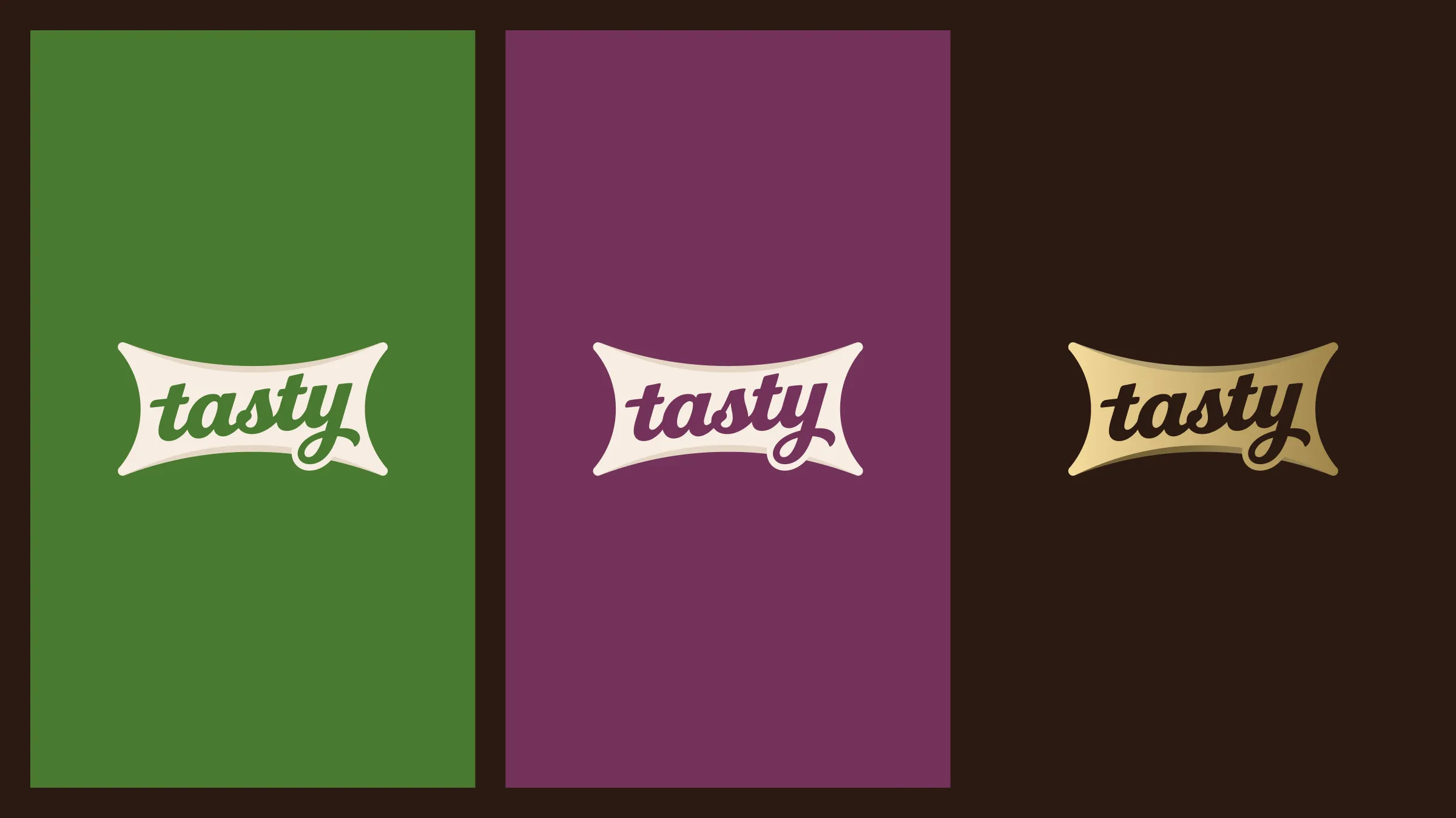 Tasty logo on mint green, plum and cocoa