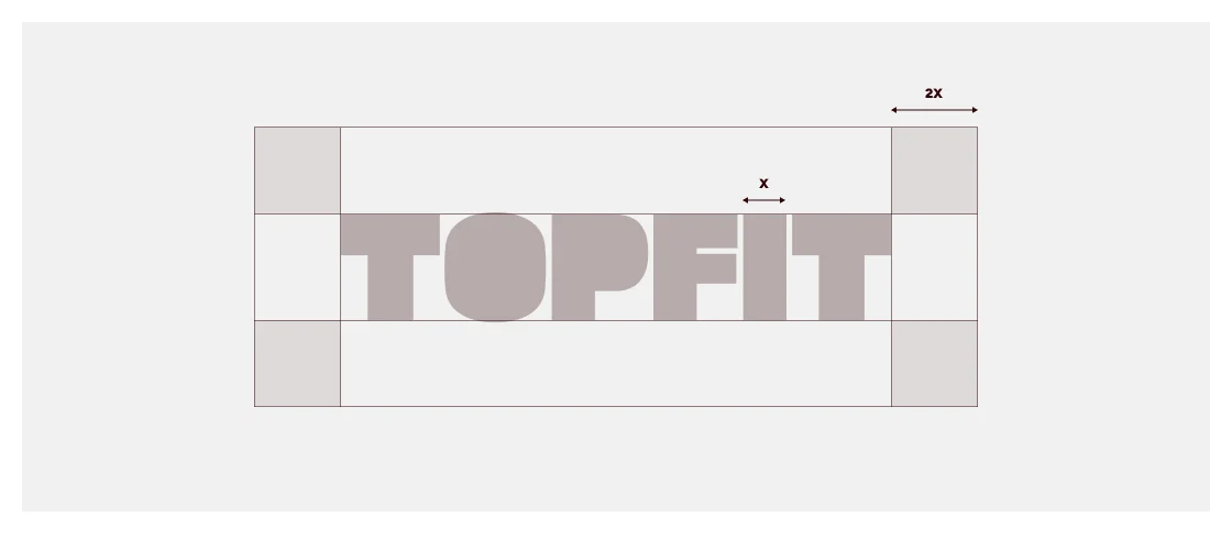 TOPFIT logotype surrounded by the exclusion zone, with the X measure and the minimum 2X space
