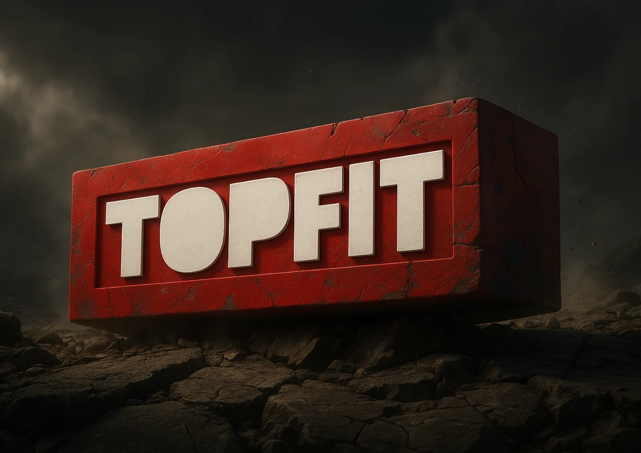 The TOPFIT logotype in relief on a red stone block, on cracked ground under a dark sky