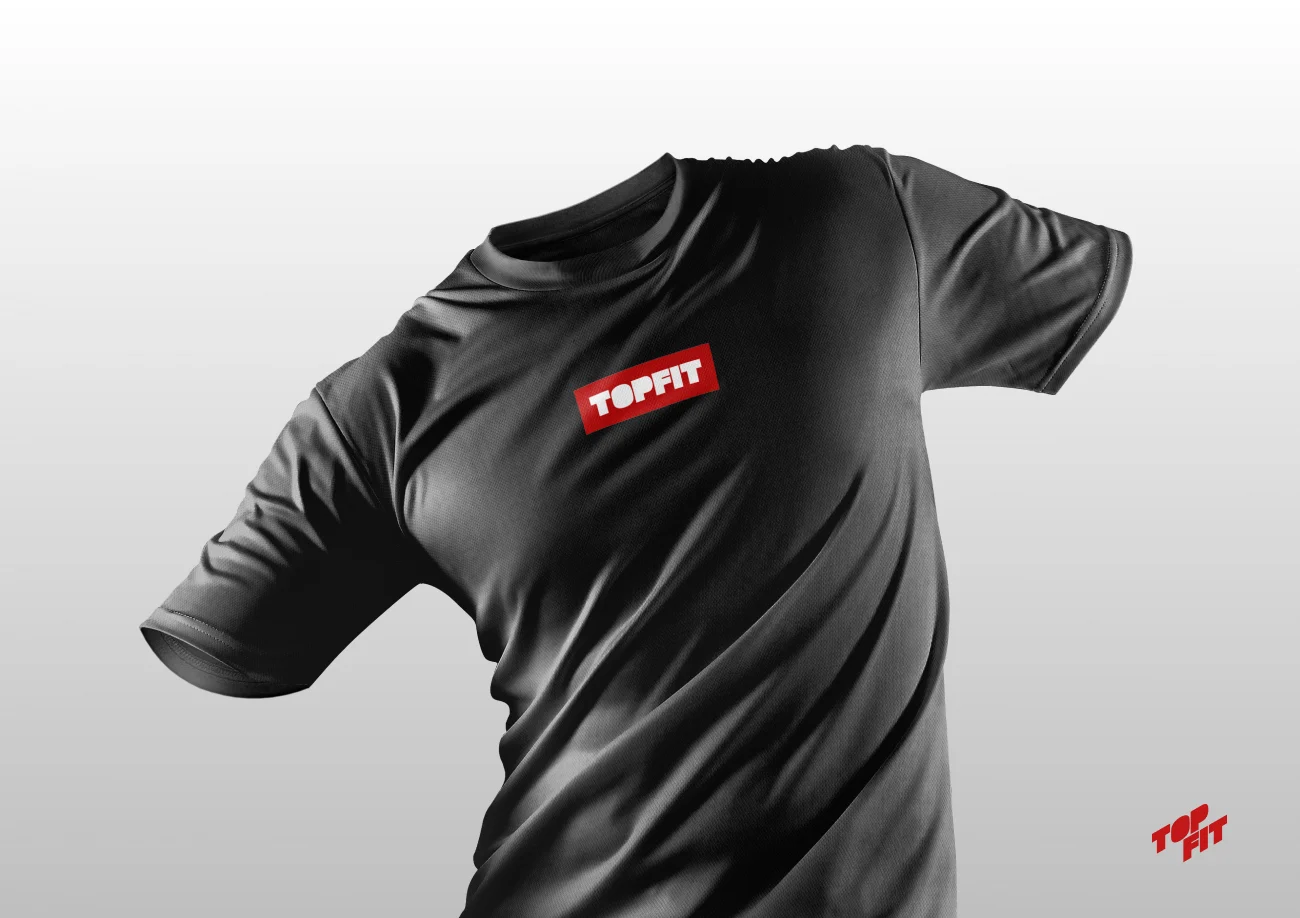 Black T-shirt with the red TOPFIT box logo on the chest