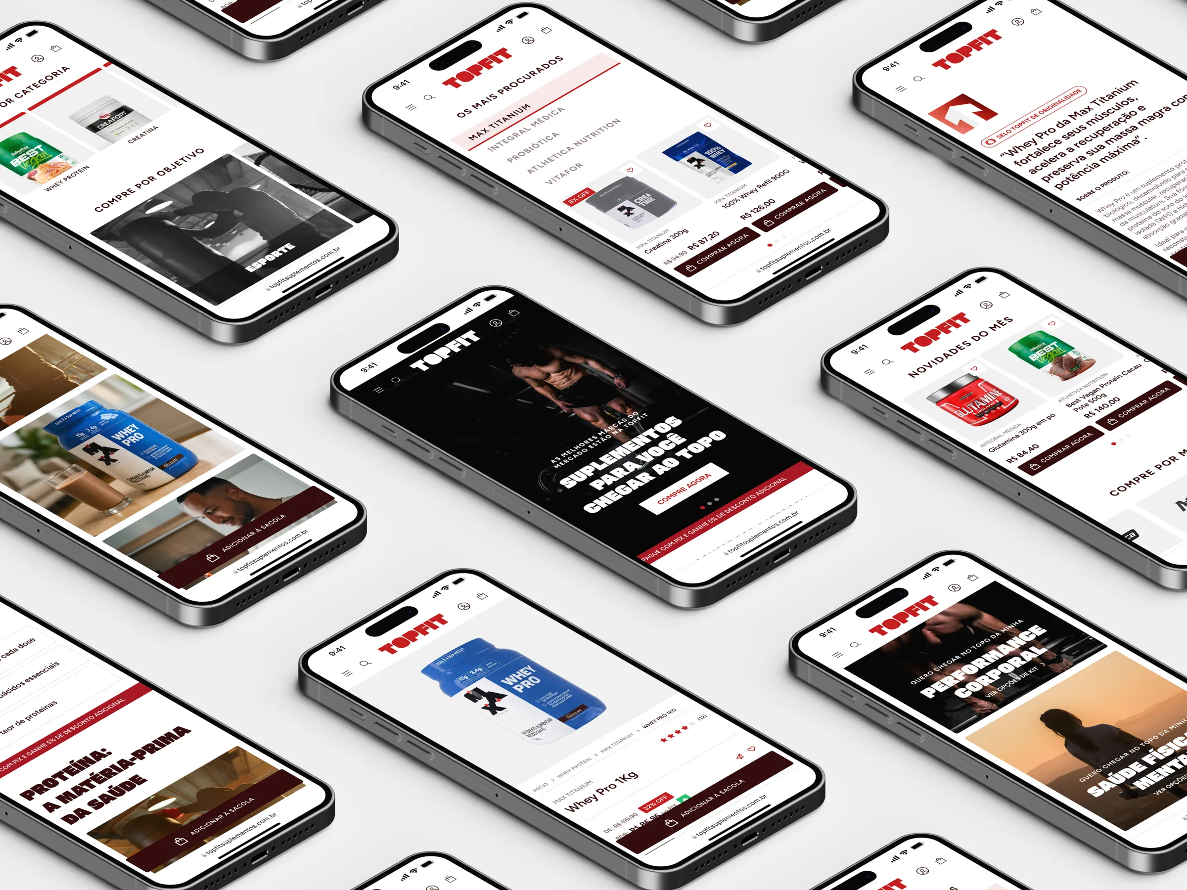 Several phones showing the TOPFIT online store, with category, product and campaign pages