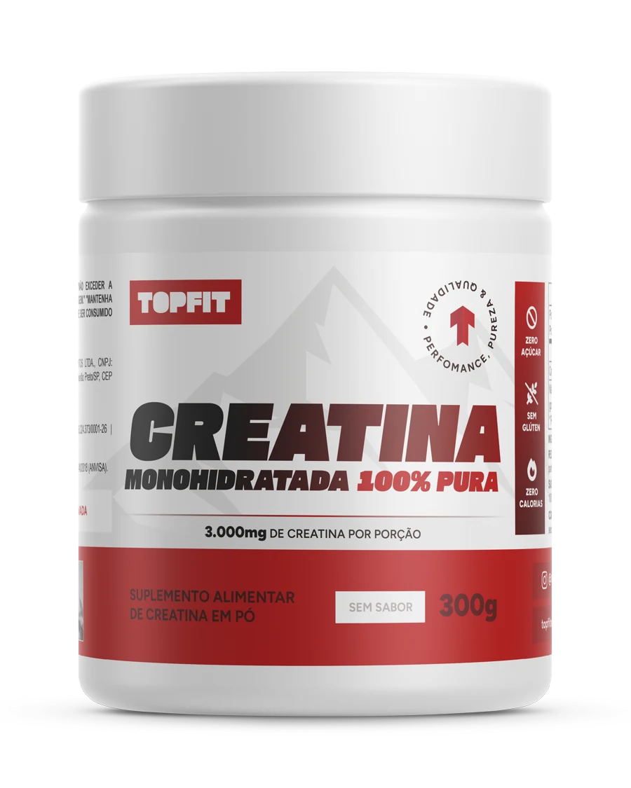 Tub of monohydrate Creatine with a white and red label and the arrow seal