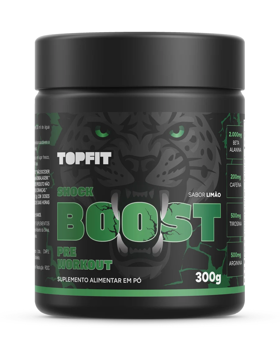Black Shock Boost pre-workout tub with a green label and a jaguar