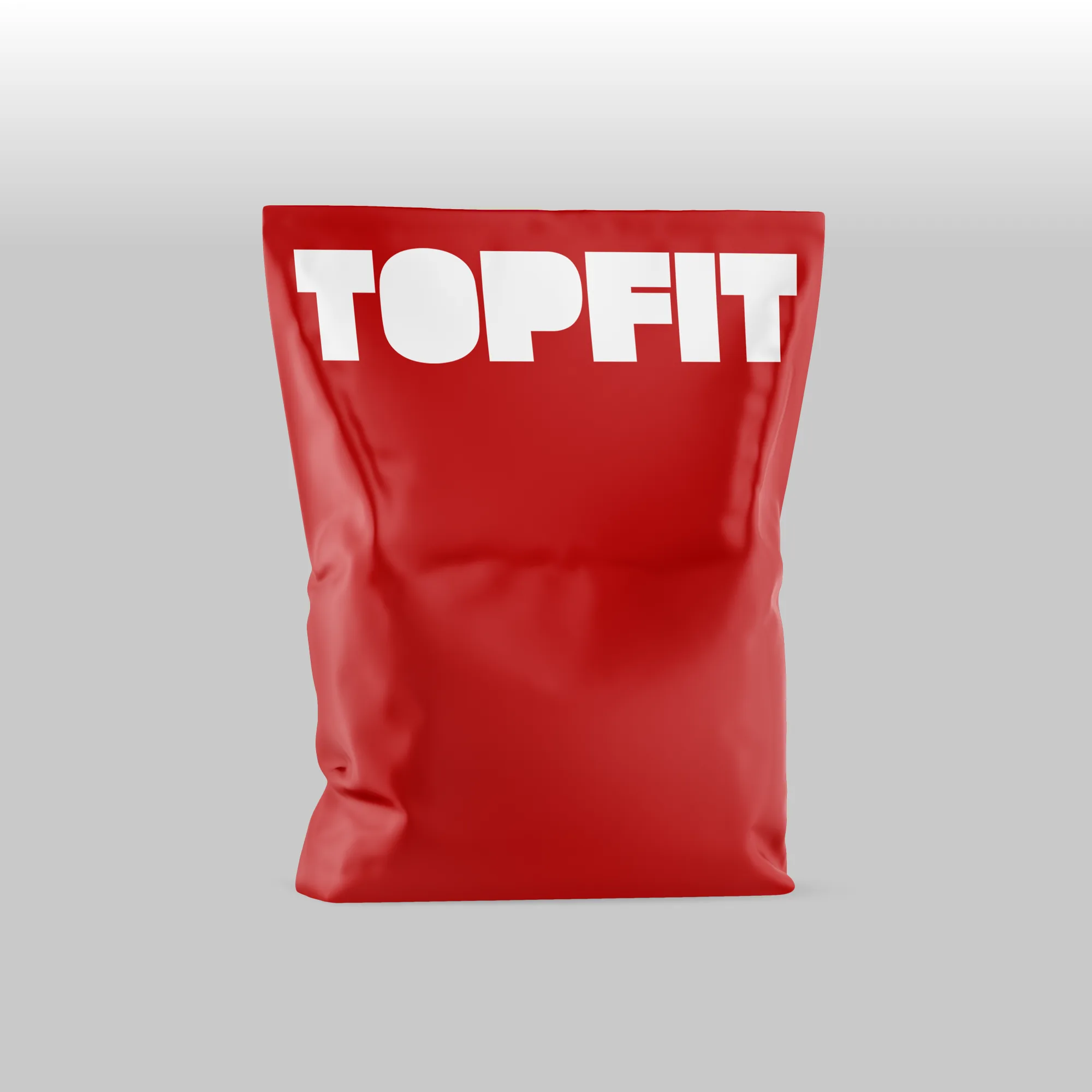 Embalagem vermelha com o logotipo TOPFIT em branco
