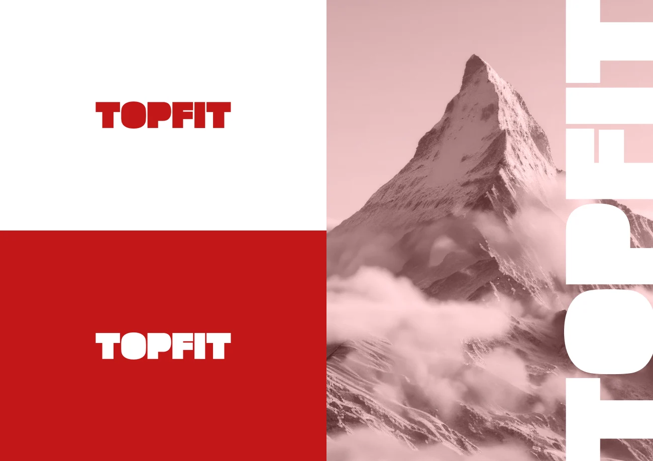 TOPFIT logotype in red and in white next to a pink mountain, with the name set vertically