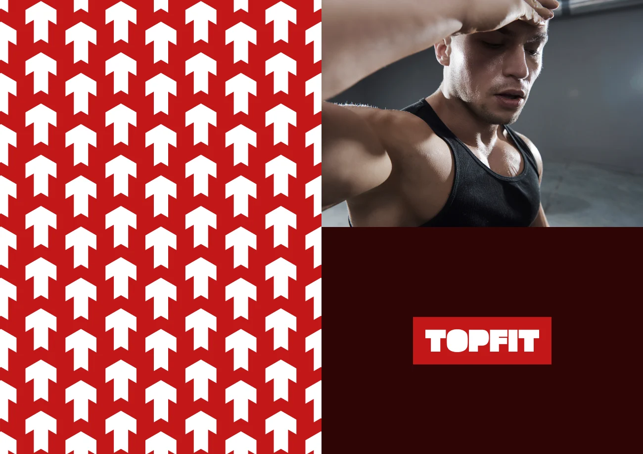 Pattern of white arrows on red, next to a photo of an athlete and the red box logo on a wine background