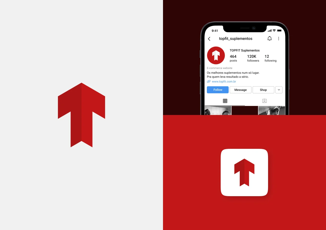 TOPFIT social profile with the arrow icon as the picture, and the icon as an app on a red background